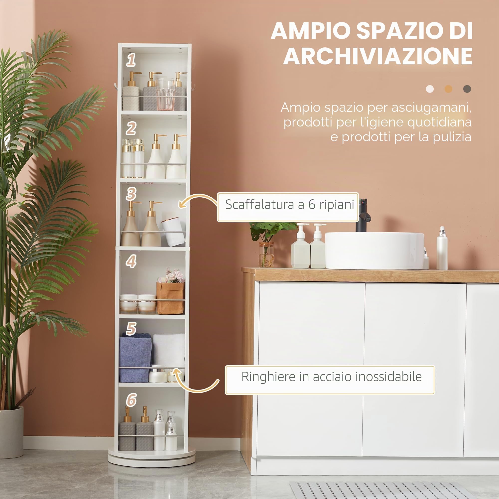 kleankin Mobiletto bagno girevole Mobiletto bagno con specchio - 6 ripiani - 36 x 36 x 171 cm bianco