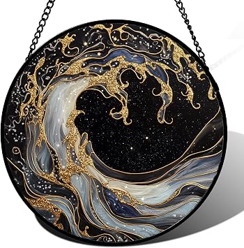Stained Glass Window Hanging Black Gold Ocean Waves 9.8" - Suncatcher Door Garden Sunroom Sun Catcher Decor Housewarming Birthday for Mom Grandma Home Owner Woman