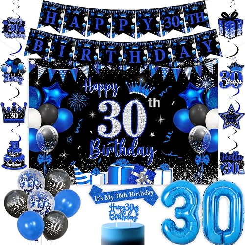 Blue and Black 30th Birthday Decorations for Men 30th Birthday Party