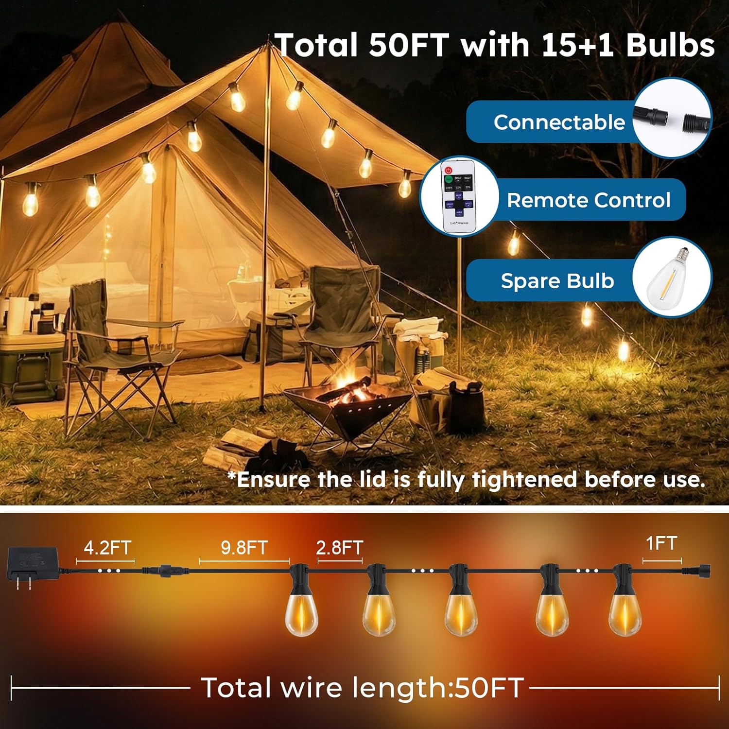 GvvooHome 50FT Outdoor String Light with S11 Plastic Bulbs, Low-Voltage LED Patio Lights with App & Remote, Music Sync, 4 Lighting Modes, Dimmable & Waterproof for Backyard, Porch, Garden, Deck, Party