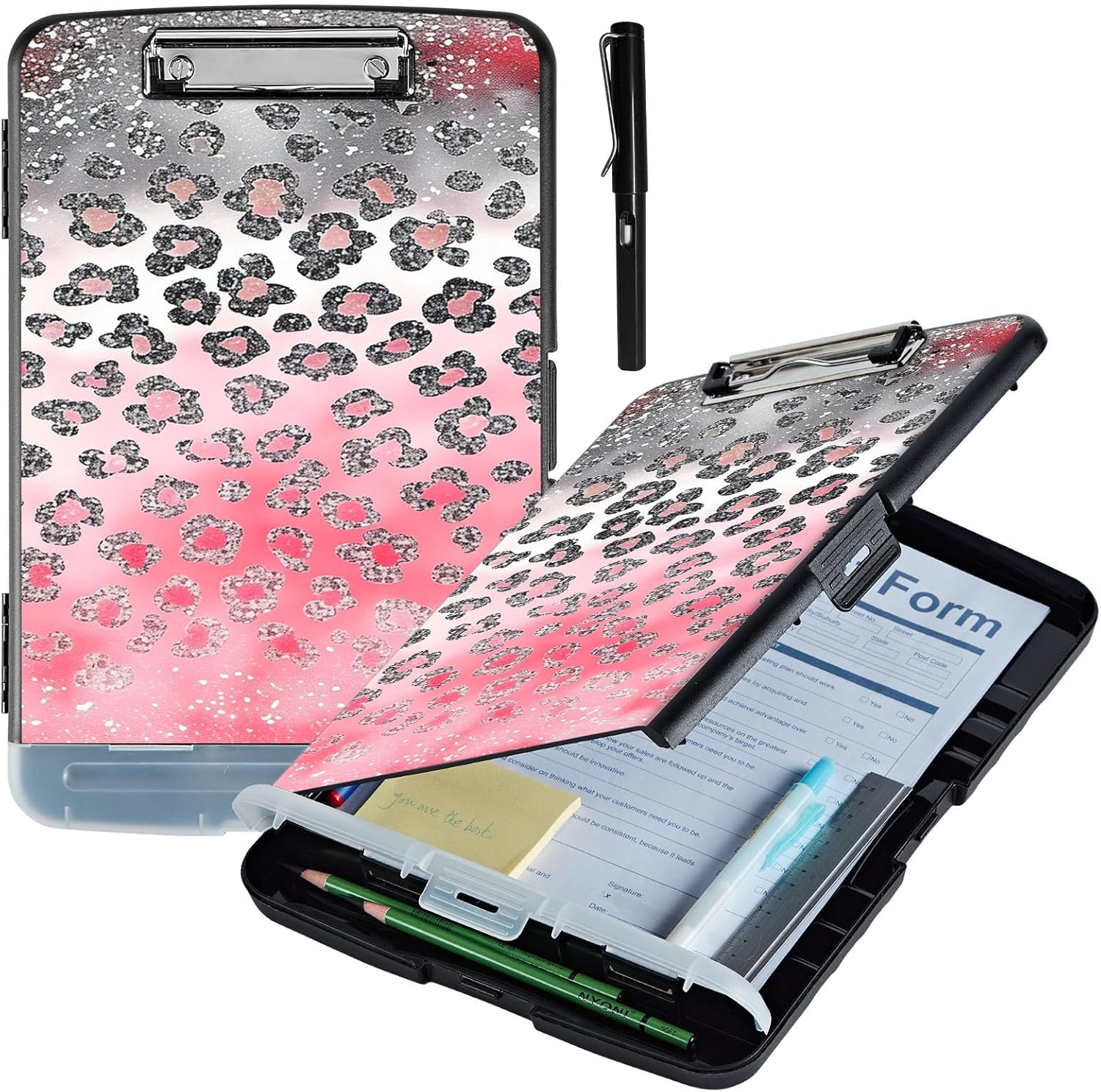 Clipboard with Storage,Plastic Storage Clipboard with Low Profile Clip,Heavy Duty High Capacity Clip Boards with Pen Holder & Pencil,Teacher Must Haves,Office Supplies,Pink Glitter Cheetah
