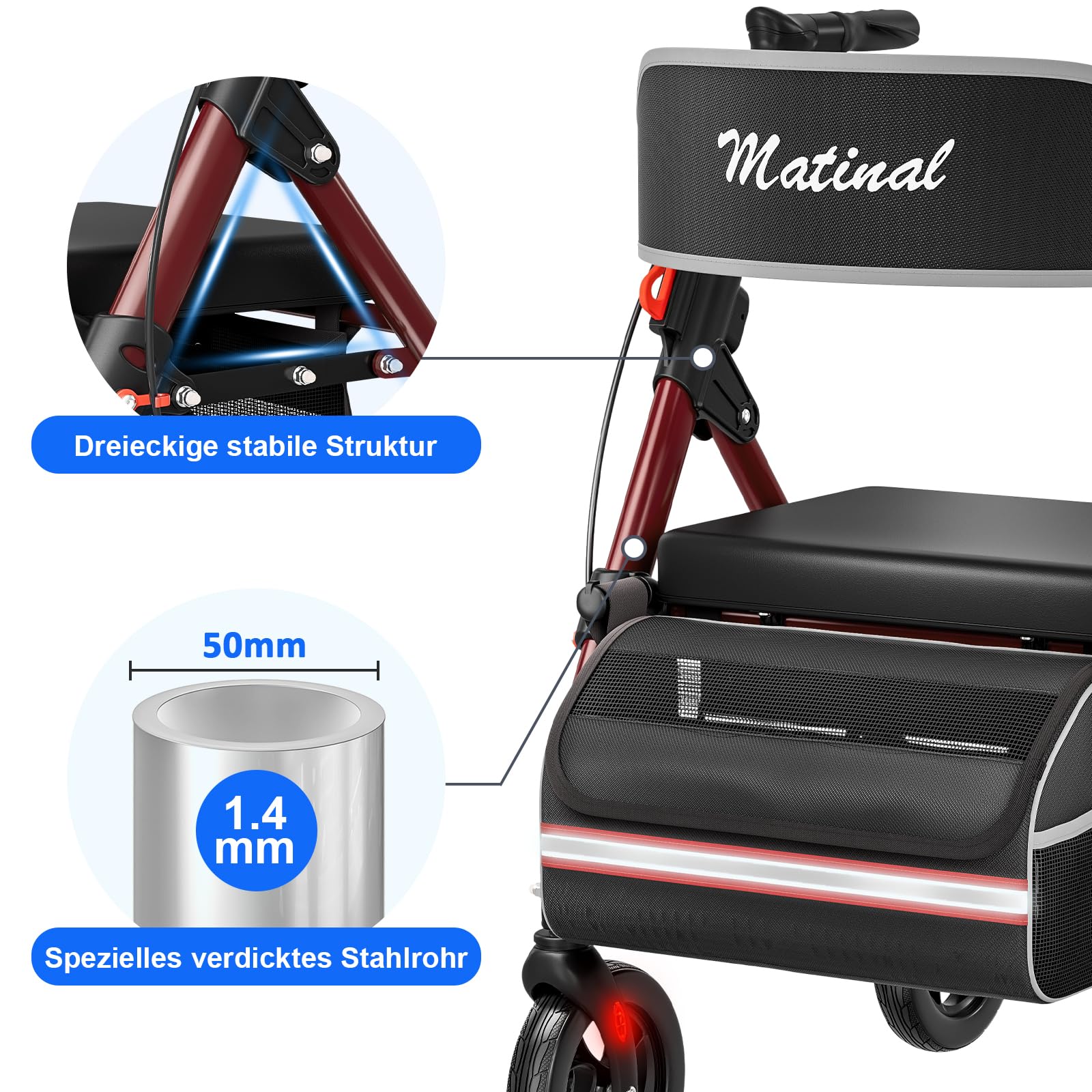 Leichtgewicht Rollator faltbar mit Sitz, Bis (160 kg) belastbar | 6-fach höhenverstellbar, 8-Zoll All-Terrain-Reifen, Robuste Aluminium-Laufhilfe Ideal für Indoor & Outdoor (Weinrot)