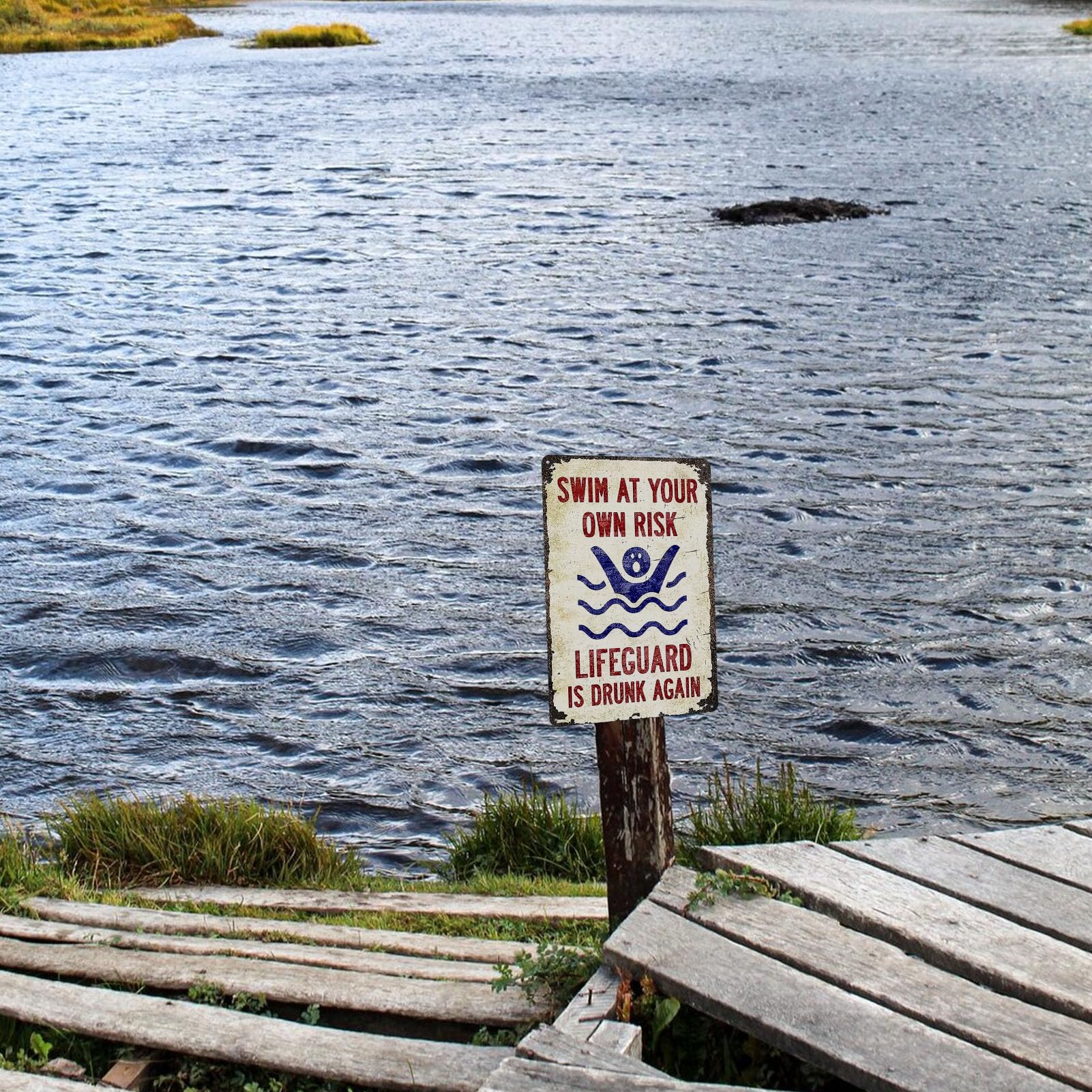 2466 Plaque en métal avec inscription « Swim at your own risk » - 30,5 x 20,3 cm (2466)