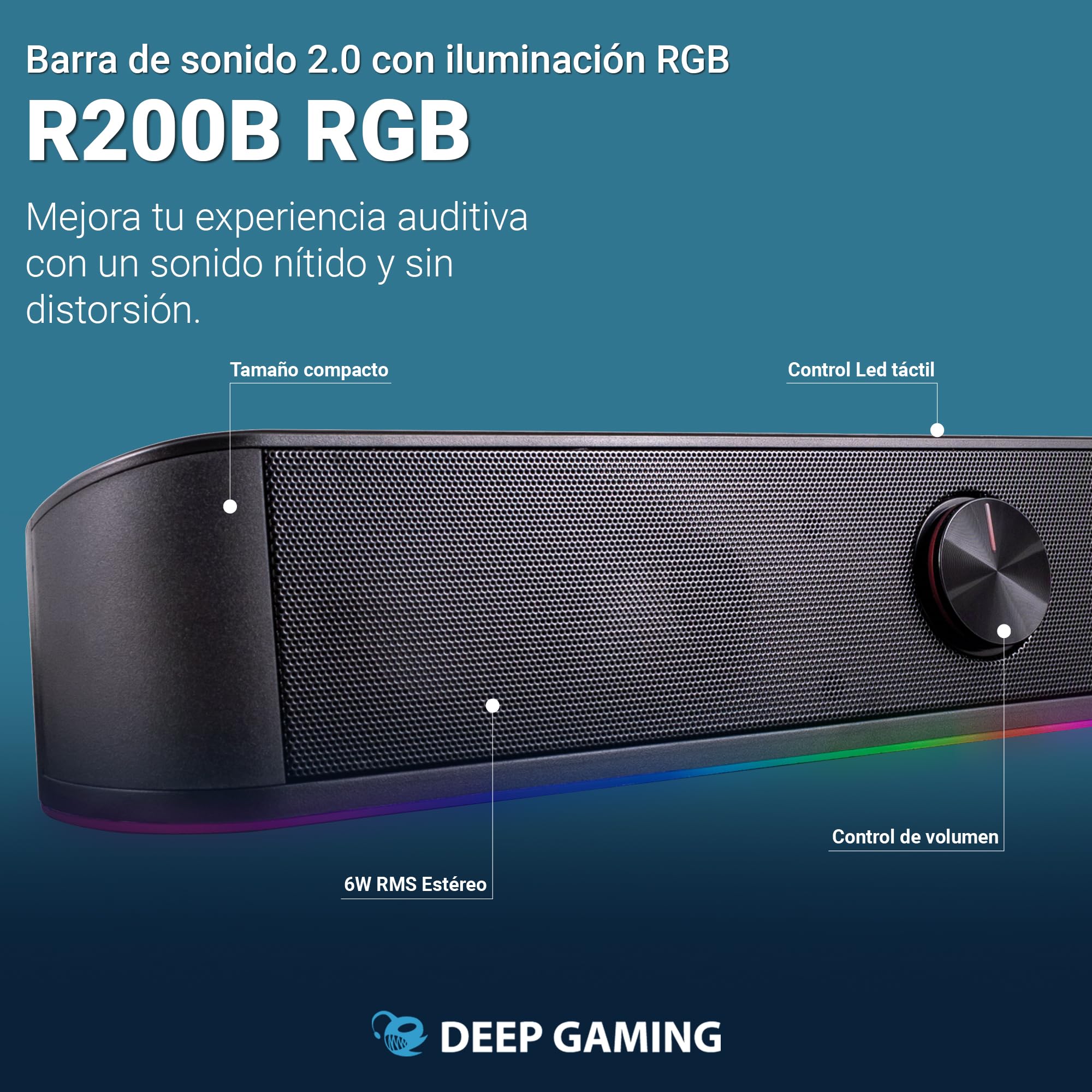CoolBox DeepGaming Barra Sonido PC con Iluminación RGB R200B - Altavoces PC Gaming Estéreo 2.0, 6 W RMS, Entrada 3,5 mm Jack + Bluetooth 5.0, para PC, Ordenador Portátil, TV - Negro
