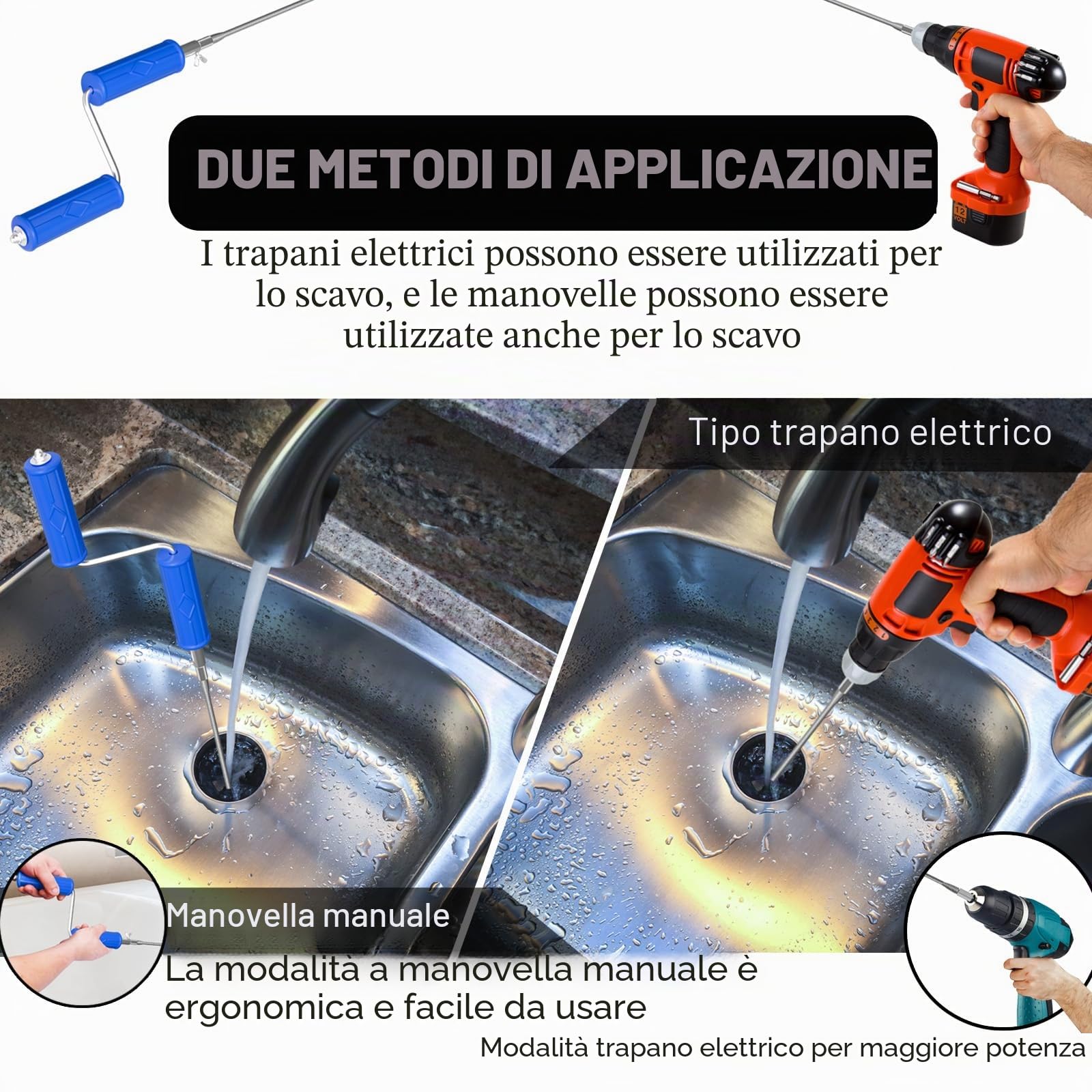 Spirale per la pulizia dei tubi, ø 6 mm, pulitore a spirale, spirale di pulizia con adattatore elettrico e manuale, pulitore per tubi a spirale, spirale efficiente (6 mm, 3 m)