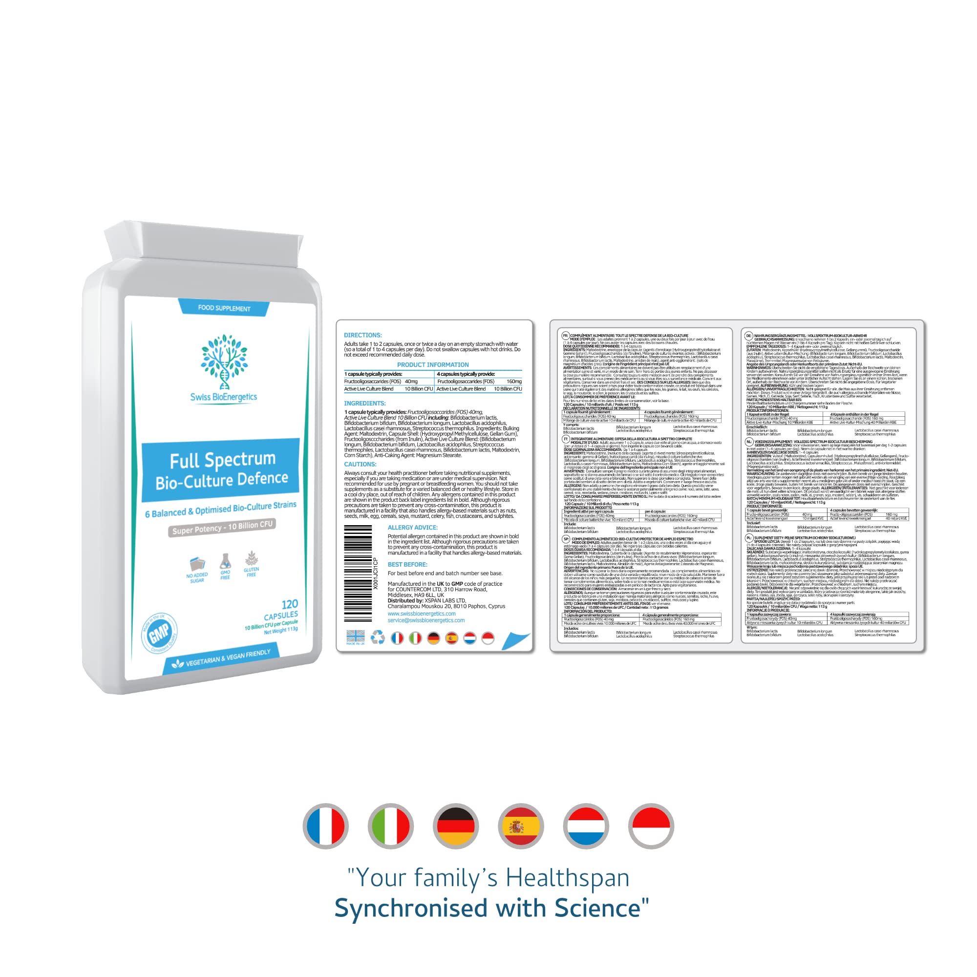 Full Spectrum Bio-Culture Defense – 120 Kapseln – hochwirksame 10 Milliarden lebende CFU Multi-Strain-Biokulturen + FOS-Formel – neueste DRCaps©-Verkapselung zum Schutz vor Magensäure