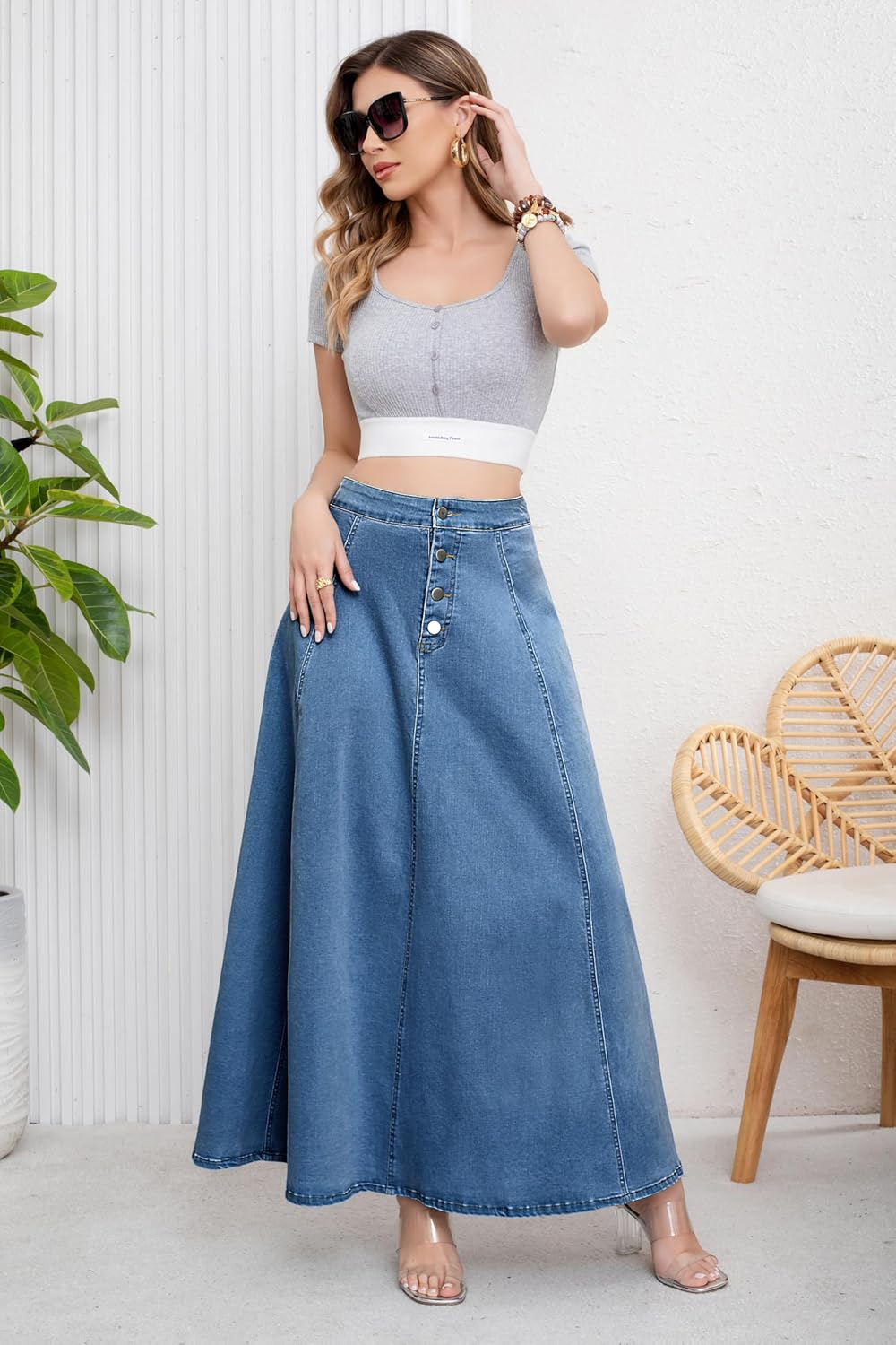 ebossy Women's Retro High Waisted Button Fly Flared Long Jean Skirts Pleated Flowy Swing A-line Denim Maxi Skirts - Image 3