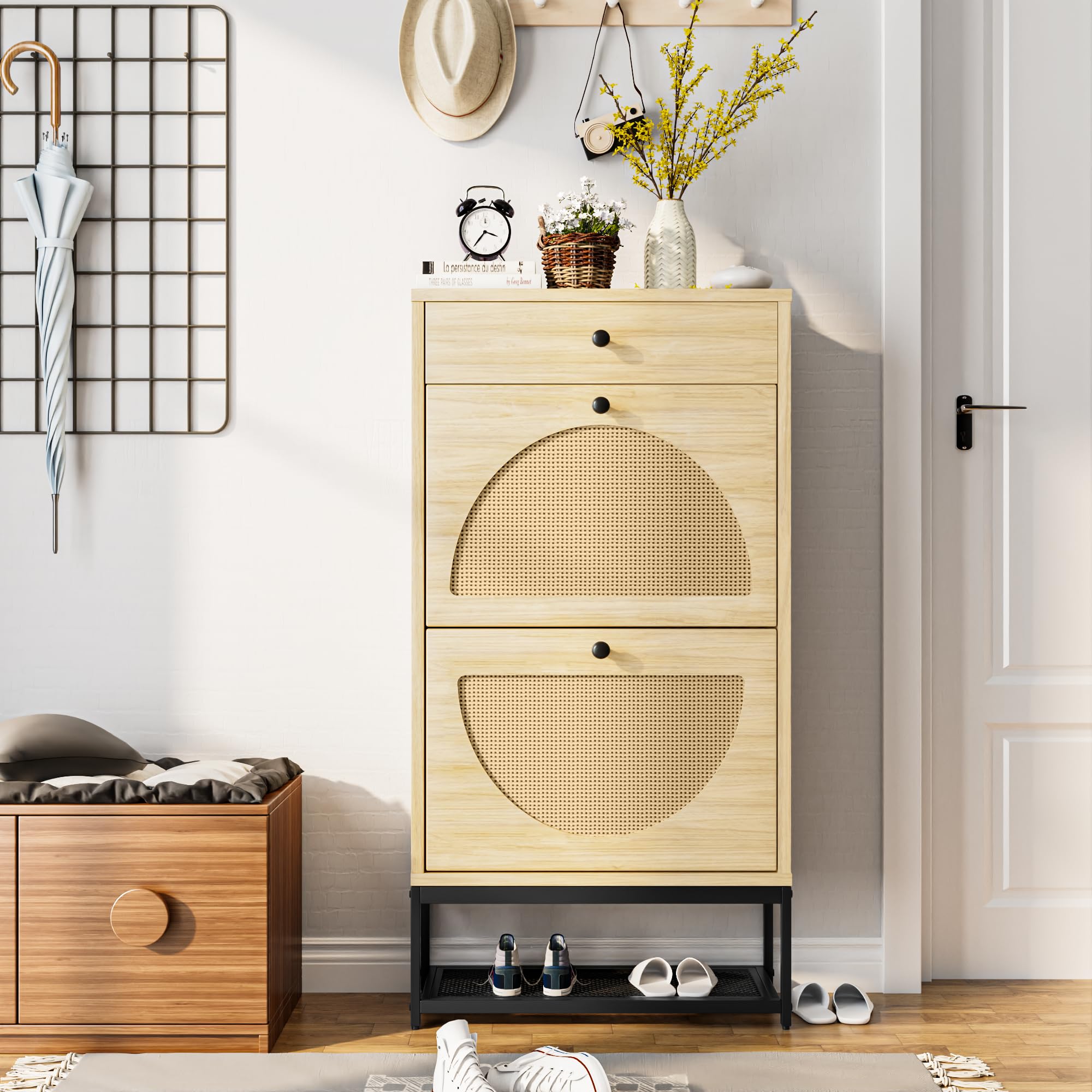 AWQM Natural Rattan Shoe Cabinet with 2 Flip Drawers and 1 Pull Drawer, Slim Shoe Storage Cabinet Entrance Hallway Free Standing Shoe Rack with Metal Frame for Sneaker, Sandal, Boot, Slipper