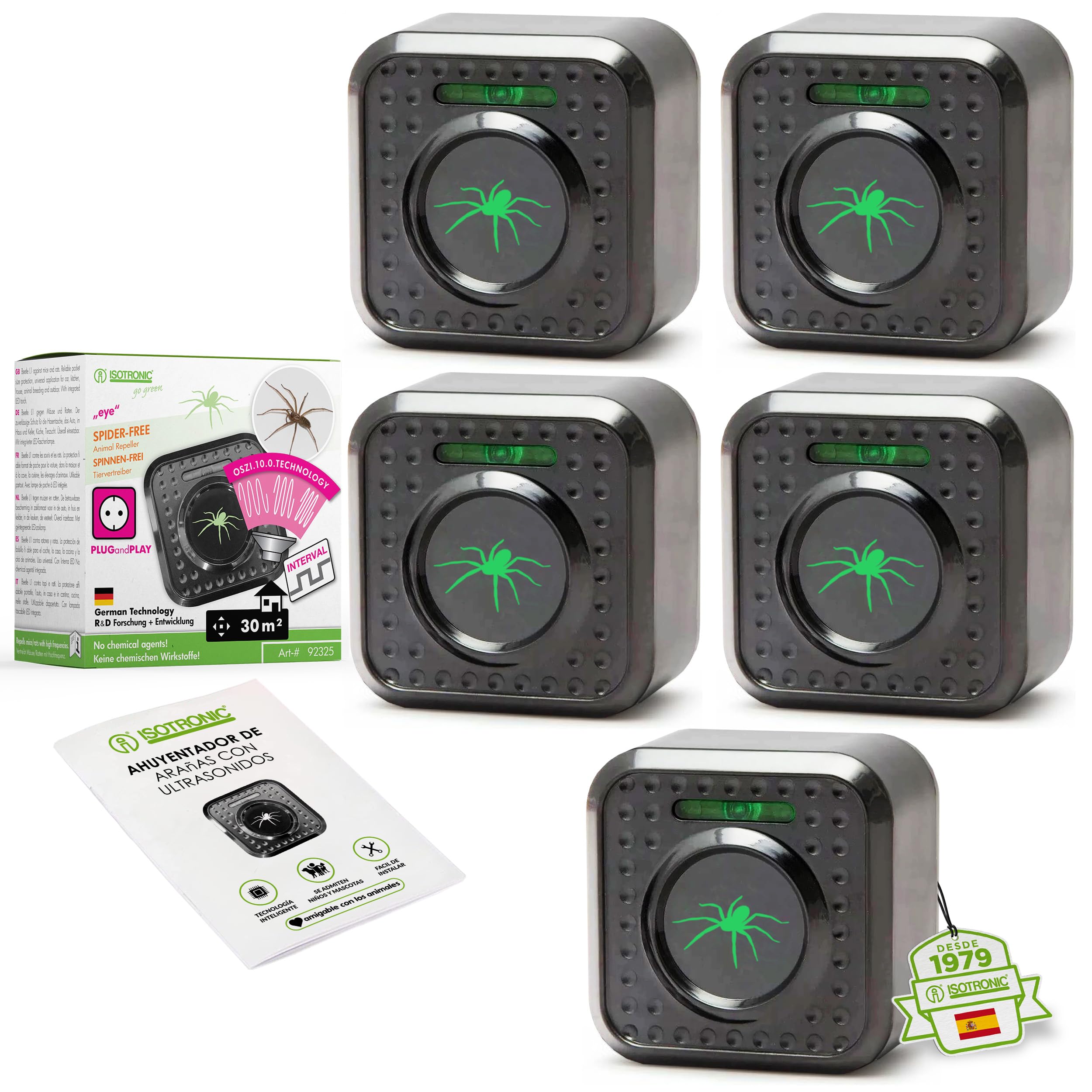 ISOTRONIC – Repelente ultrasónico de arañas enchufable para sótanos e Interiores – Repelente de arañas con un Alcance Efectivo de 30 m² (5 Unidades)