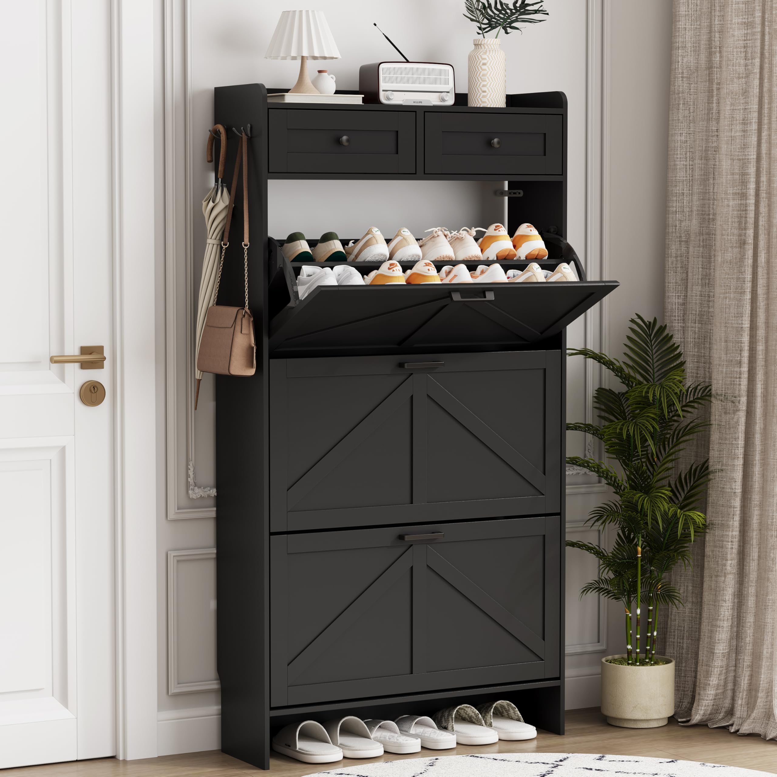 Shoe Cabinet with 3 Flip Drawers &amp; 2 Top Drawers, 57" Tall Freestanding Narrow Wooden Shoe Storage Organizer for Entryway, Hidden Slim Shoe Rack for Front Door Entrance, Hallway, Living Room, Black