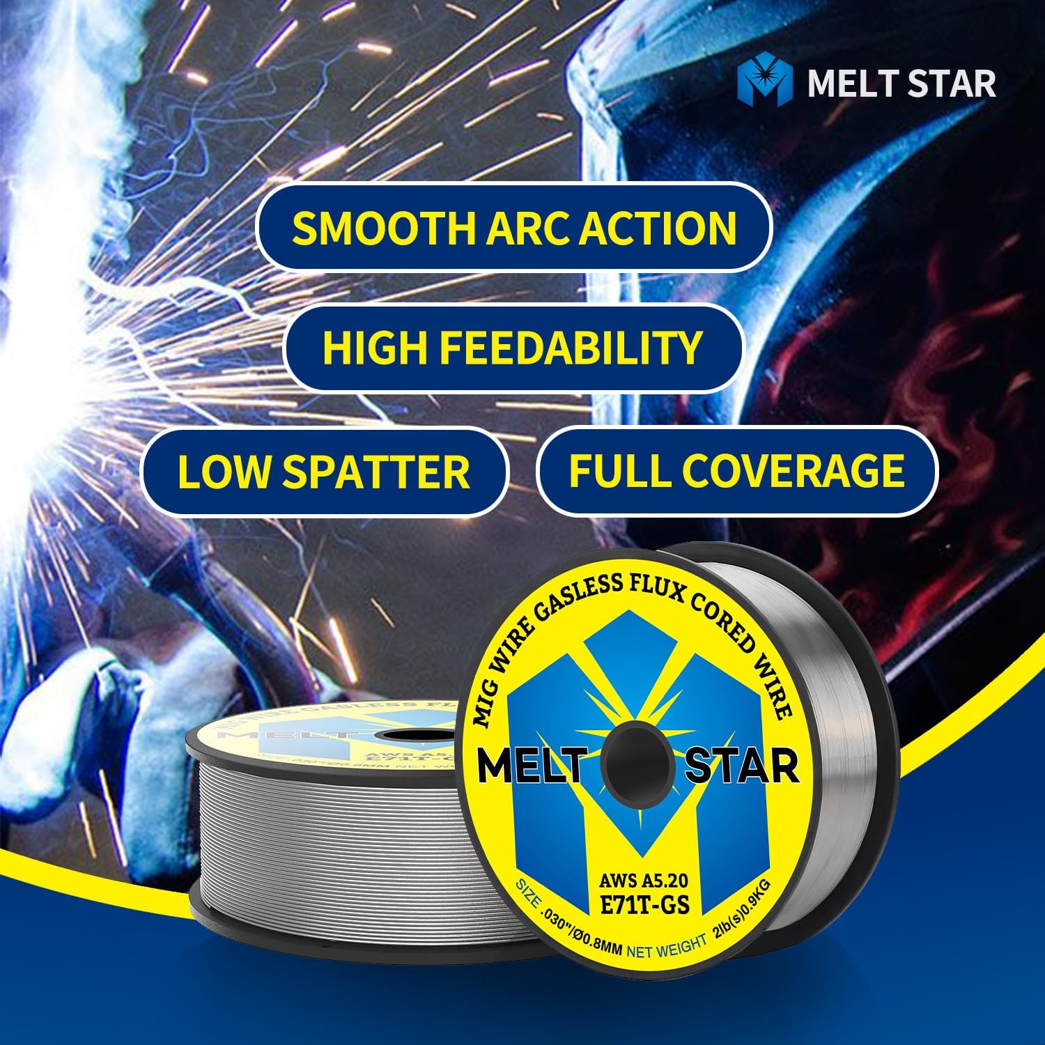 .030 Flux Core Welding Wire 3-Pack, 3X2LB Spools E71T-GS Gasless Mild Steel MIG Wire, Low Spatter Easy Feed for Thin Metal All-Position Welding, Universal for 110V 220V Gasless Welders