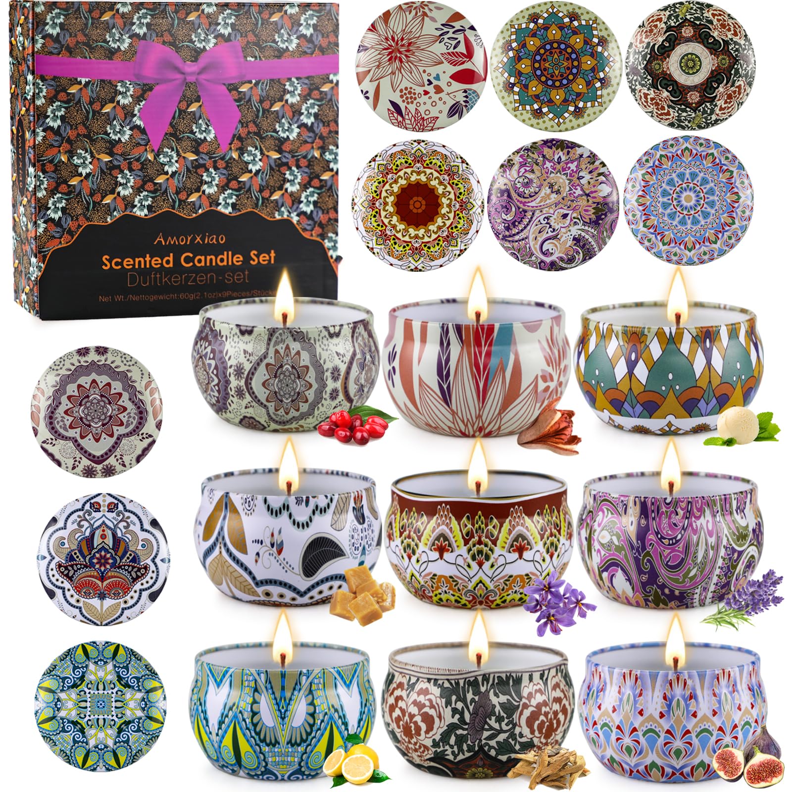 Velas Perfumadas Juego de 9 Piezas, Aromaticas, Cera de Soja, Aromaterapia, Decoración de Baño o Dormitorio, para Relajación, Fiesta, Boda, Yoga, Cumpleaños, Navidad, Día de San Valentín