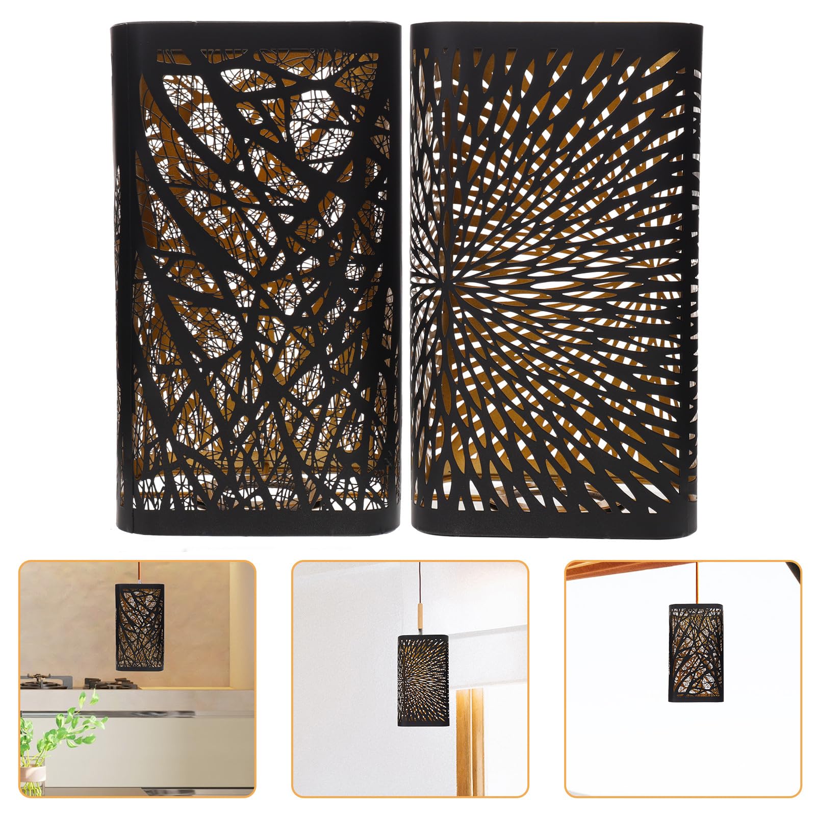 UKCOCO Pantalla de Lámpara Metálica E27 Cuadrada Negra y Dorada 2 Piezas Diseño Hueco Tallado Patrón de Bosque y para Lámparas de Mesa y Escritorio Decoración Interior