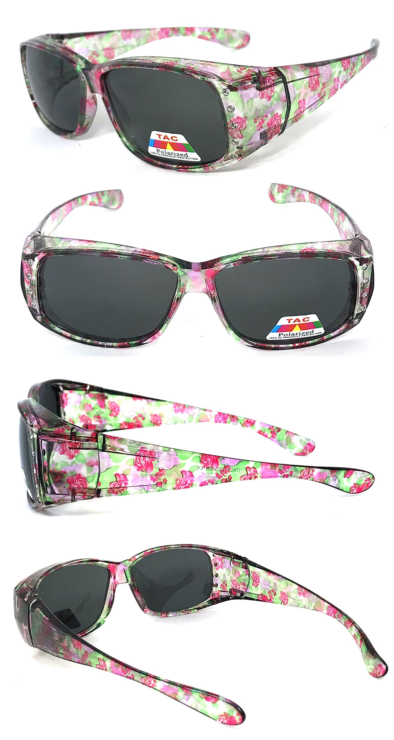 VeryHobby Polarized Fit Over Sunglasses Cover Rx Glasses Rhinestones Floral Prints 57 Medium Transparent Pink Floral