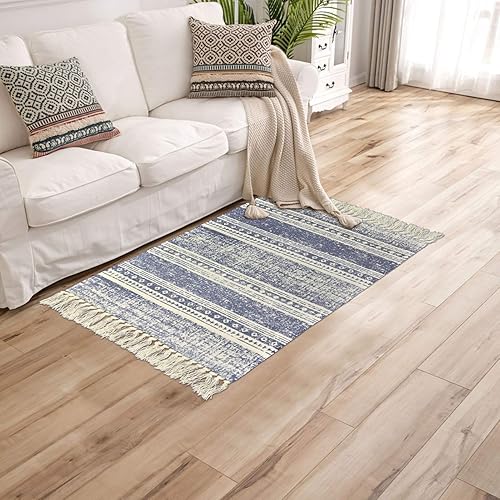 Miniatura 7 de ABREEZE Alfombra de algodón, 2 x 3 pies, tejida a mano con borlas y flecos, alfombra para puerta, alfombra de área interior para baño, dormitorio,