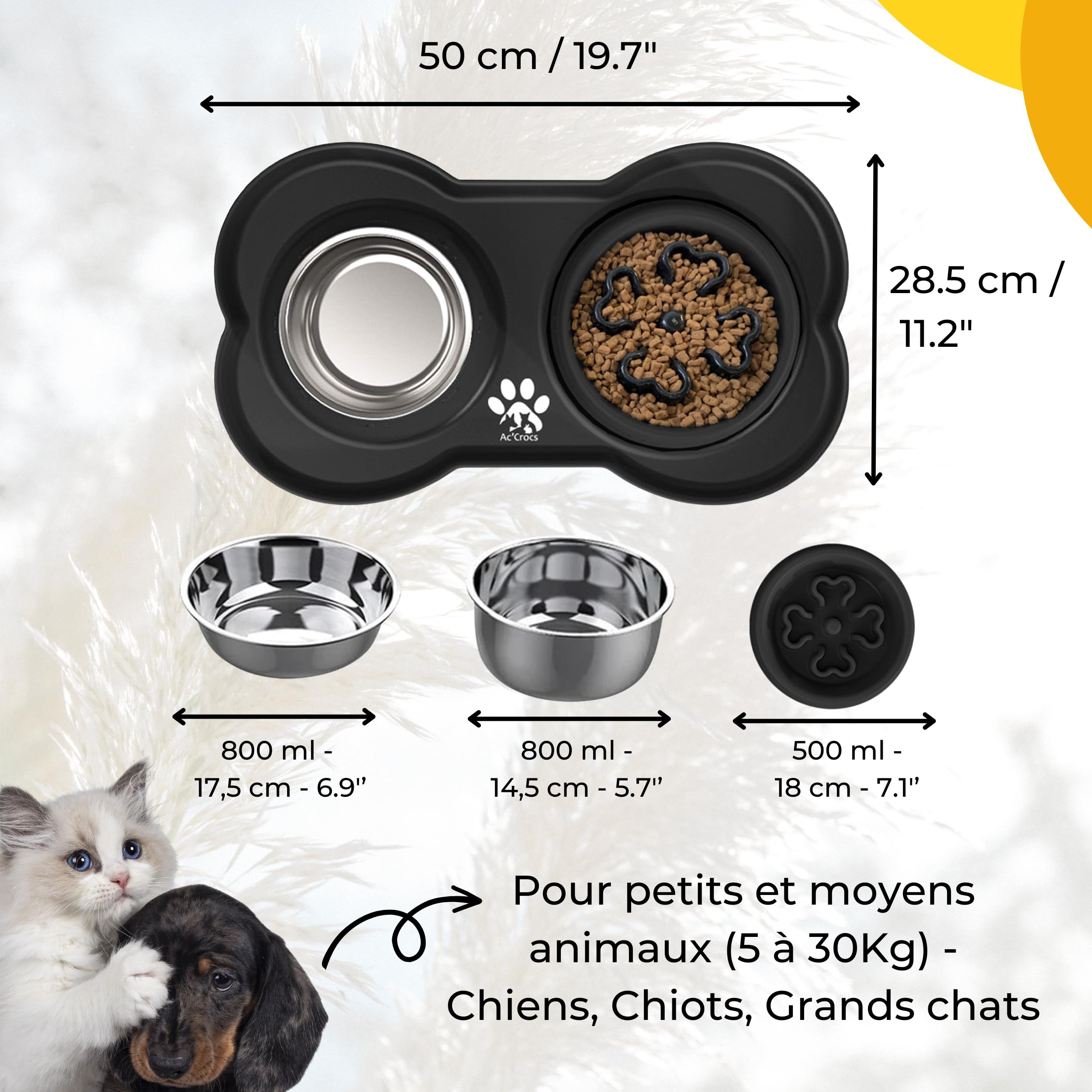 Ac'Crocs,Ciotola per cani 4 in 1: tappetino antiscivolo, anti-fuoriuscita, anti-ribaltamento, doppia ciotola in acciaio inox! Per cani di medie e grandi dimensioni + 1 Frisbee in omaggio