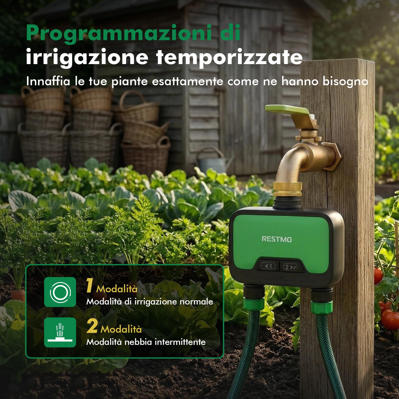 RESTMO Timer Intelligente WiFi per Tubo da Giardino, Timer Irrigazione | Controllo APP, Ingresso in Ottone, Ritardo Pioggia, Sistema Irrigazione Manuale/Automatico, Modalità di Irrigazione