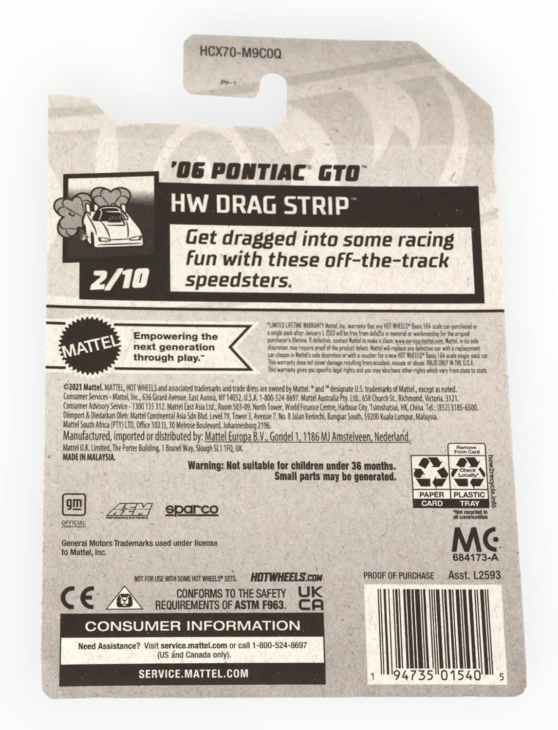Hot Wheels - '06 Pontiac GTO - Black - HW Drag Strip 2/10-182/250 - Mint/NrMint Ships Bubble Wrapped in a Box