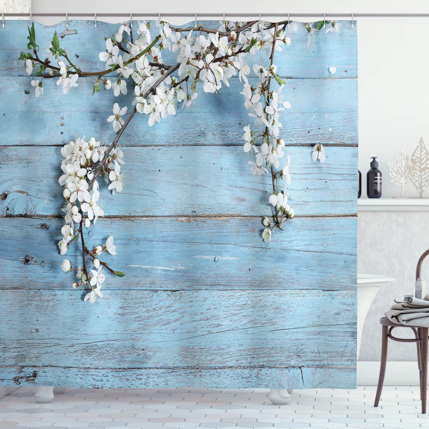 Duschvorhang Farmhouse-Design Mit Blumen – Wasserdichter Stoff, 183x183 Cm, In Blaugrün-grau