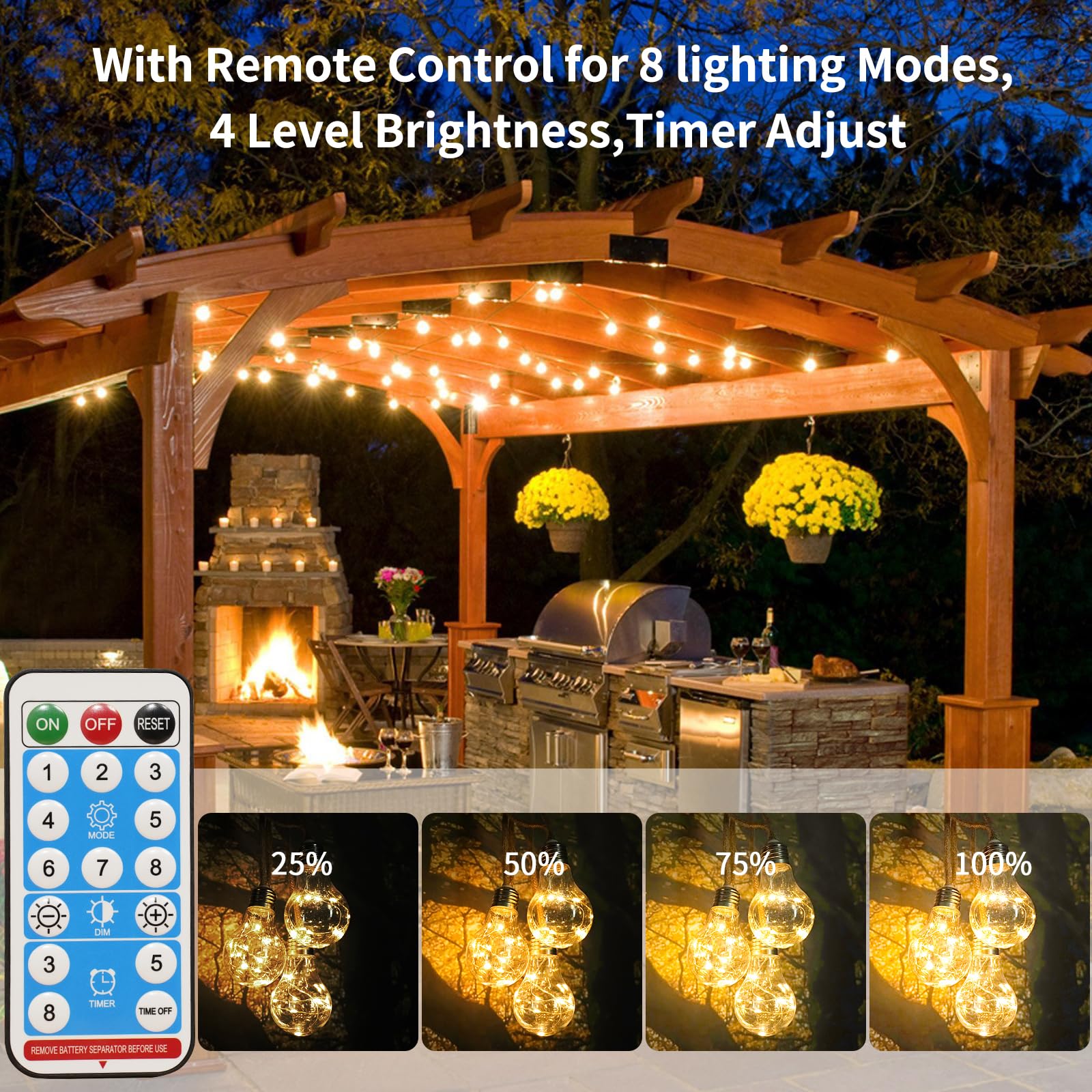 Catena Luminosa Esterno Solare A60 20-Lampadine 200Leds 12,5M Luci da Esterno con Corda di Canapa 8 Modalità con Telecomando IP65 Impermeabile Bianco Cald Lampada Solare da Esterno Catena Luci Esterno