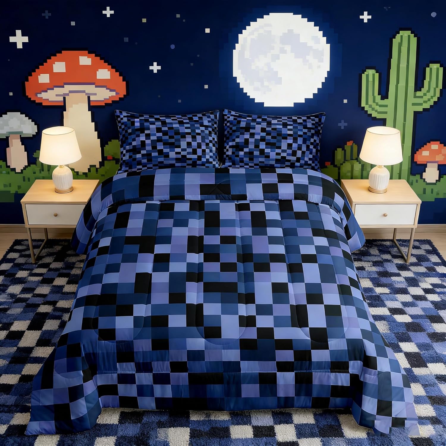 Manfei Miner Games Comforter Set Queen Size,Navy Blue and Black Grid Bedding Set 3pcs,Modern Geometric Games Down Comforter for All Season,Kids Boys Girls Room Decor,2 Pillowcases,No Sheets