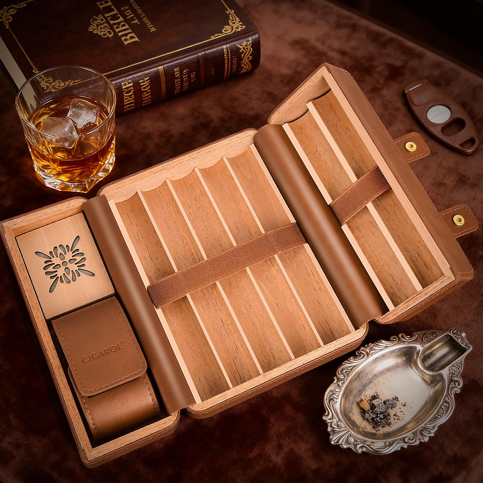 Humidor per sigari in pelle, set da viaggio con igrometro e umidificatore, portatile da viaggio, per 6 sigari