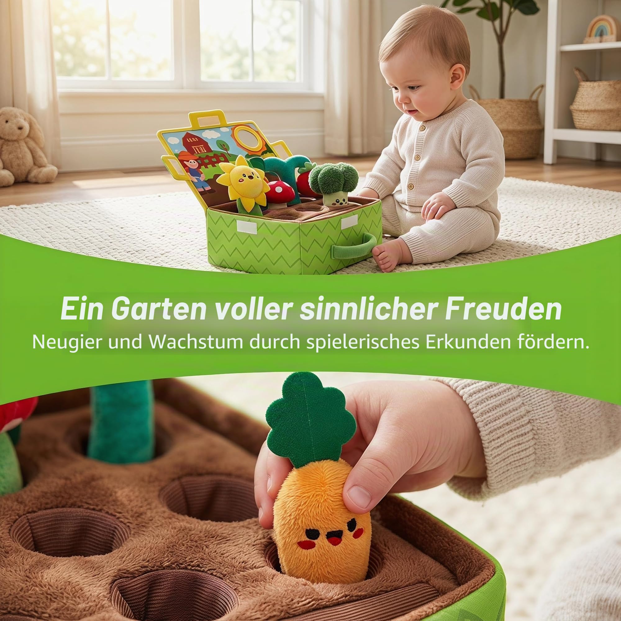 Sensorik Spielzeug Baby, Bauernhof Spielzeug mit Obst und Gemüse, Baby Spielzeug 1 Jahr, Vielseitiges Sinnespflege-Set mit Rassel und Spiegel, für Geburt, den Ersten Erkundungsspaß