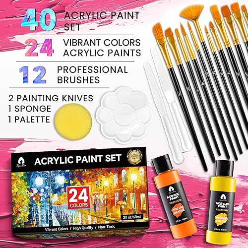 Miniatura 2 de Juego de 40 piezas de pintura acrílica con 12 pinceles, 2 cuchillos y paleta, 24 colores (2 oz2.0 fl oz), pinturas artísticas, regalos para adultos,