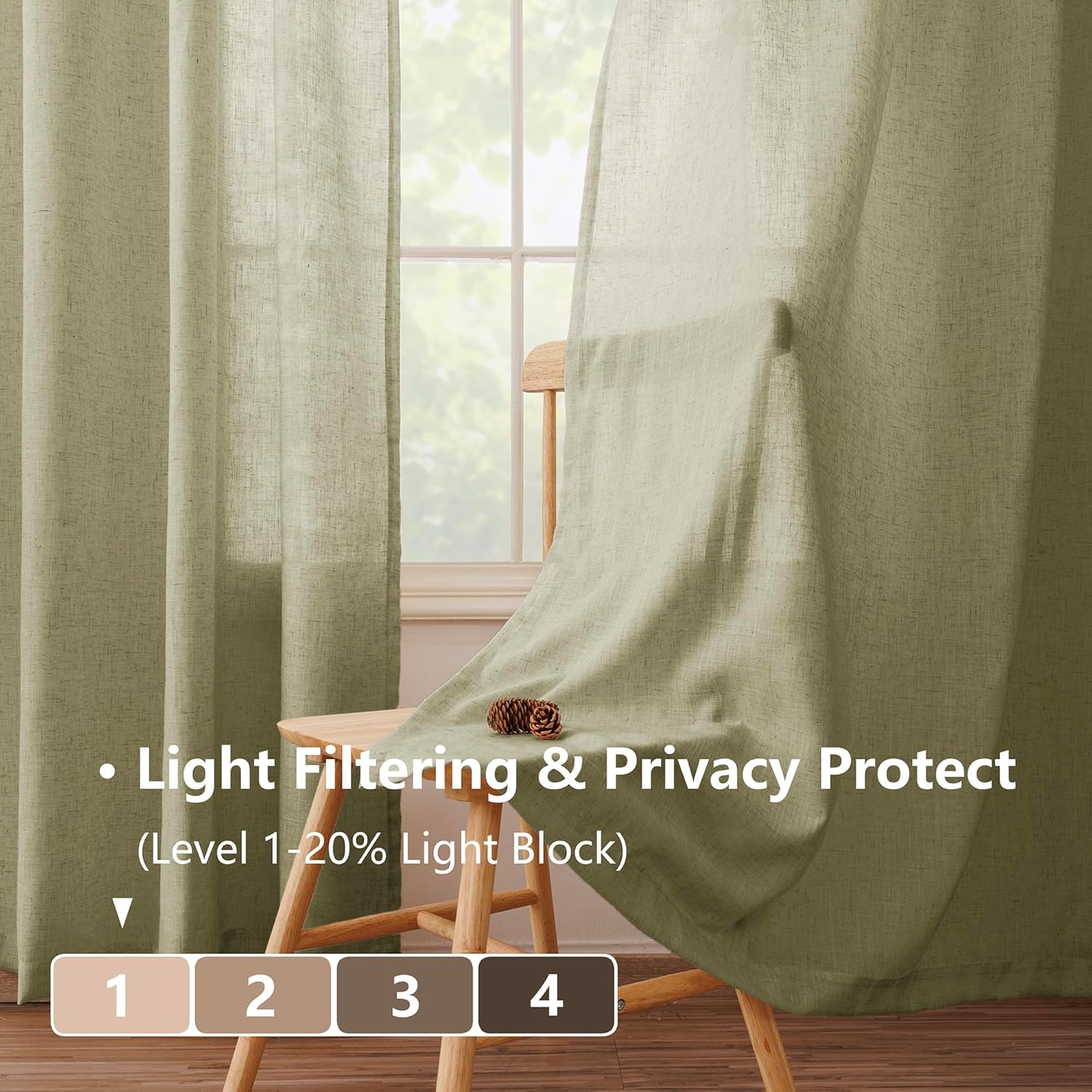 Linen Curtains for Living Room, Linen Blended Semi Sheer Light Filtering Curtain Rod Pocket Back Tab Privacy Drapes 96 Inches Long 2 Panels Set-Olive Green,54Wx96L