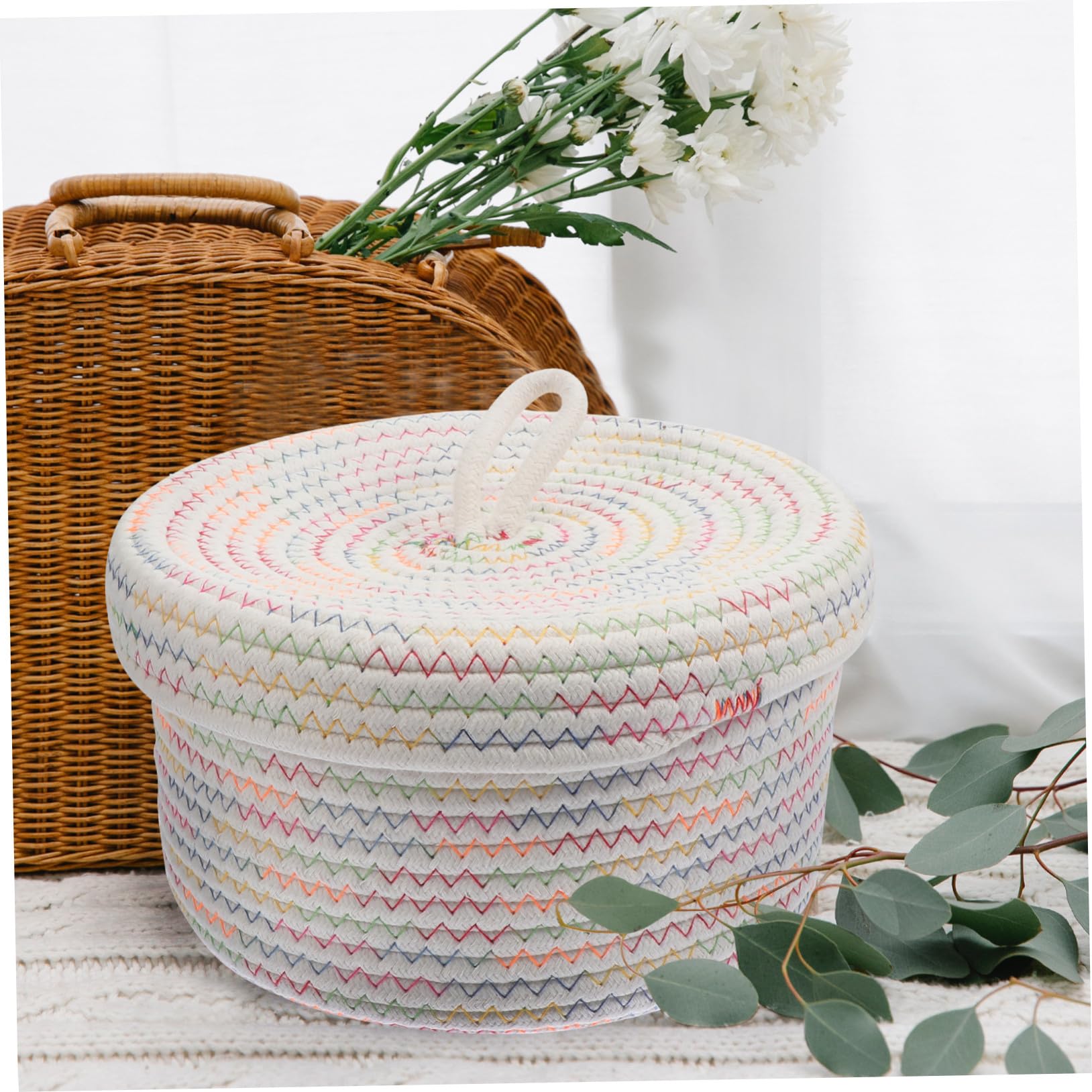 UKCOCO Cesta De Almacenamiento Para Escritorio De Cuerda De Algodón 22x14 Cm Con Tapa, Cesta Organizadora Cremosa Para Cosméticos y Juguetes, Ligera y Espaciosa Hogar, Dormitorio y Habitación Infantil