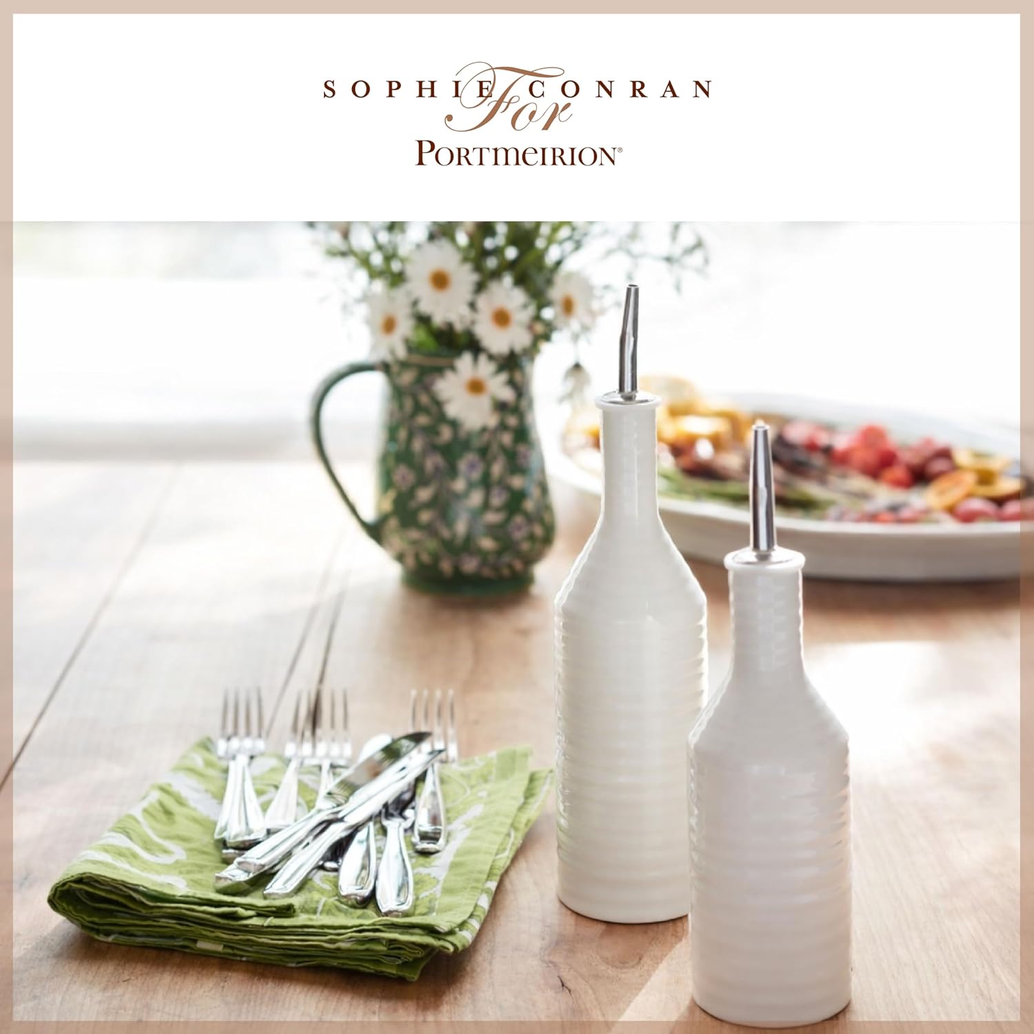 Portmeirion Sophie Conran Oil & Vinegar Drizzler Set, 10.5 Inch Pourer & 9 Inch Dispenser, Fine Porcelain White Bottles for Tabletop Serving & Kitchen Use, Dishwasher Safe