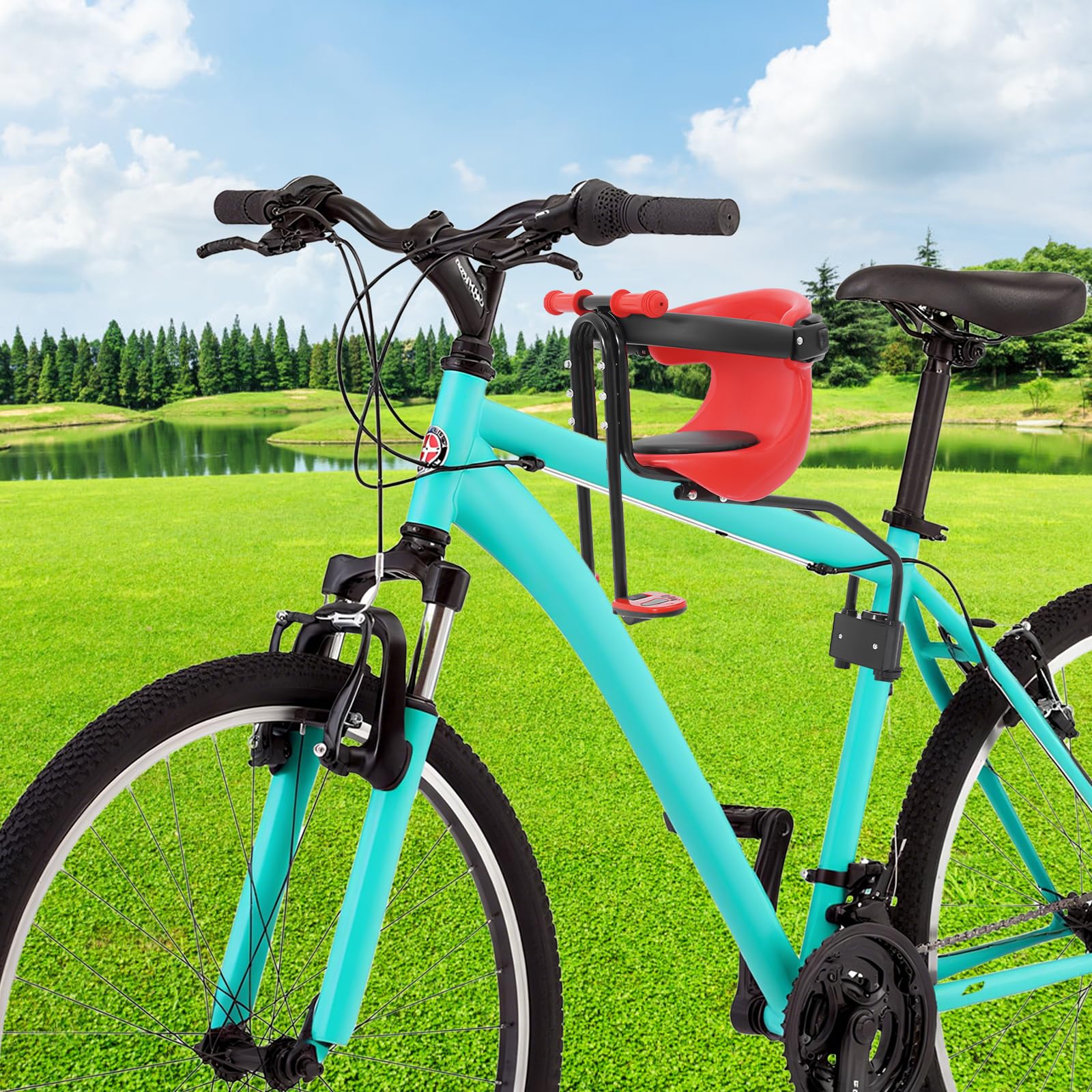 Siège avant pour vélo de montagne pour enfant avec support réglable et barre de sécurité amovible, poignées antidérapantes et repose-pieds, max. 50 kg, pour 8 mois à 4 ans