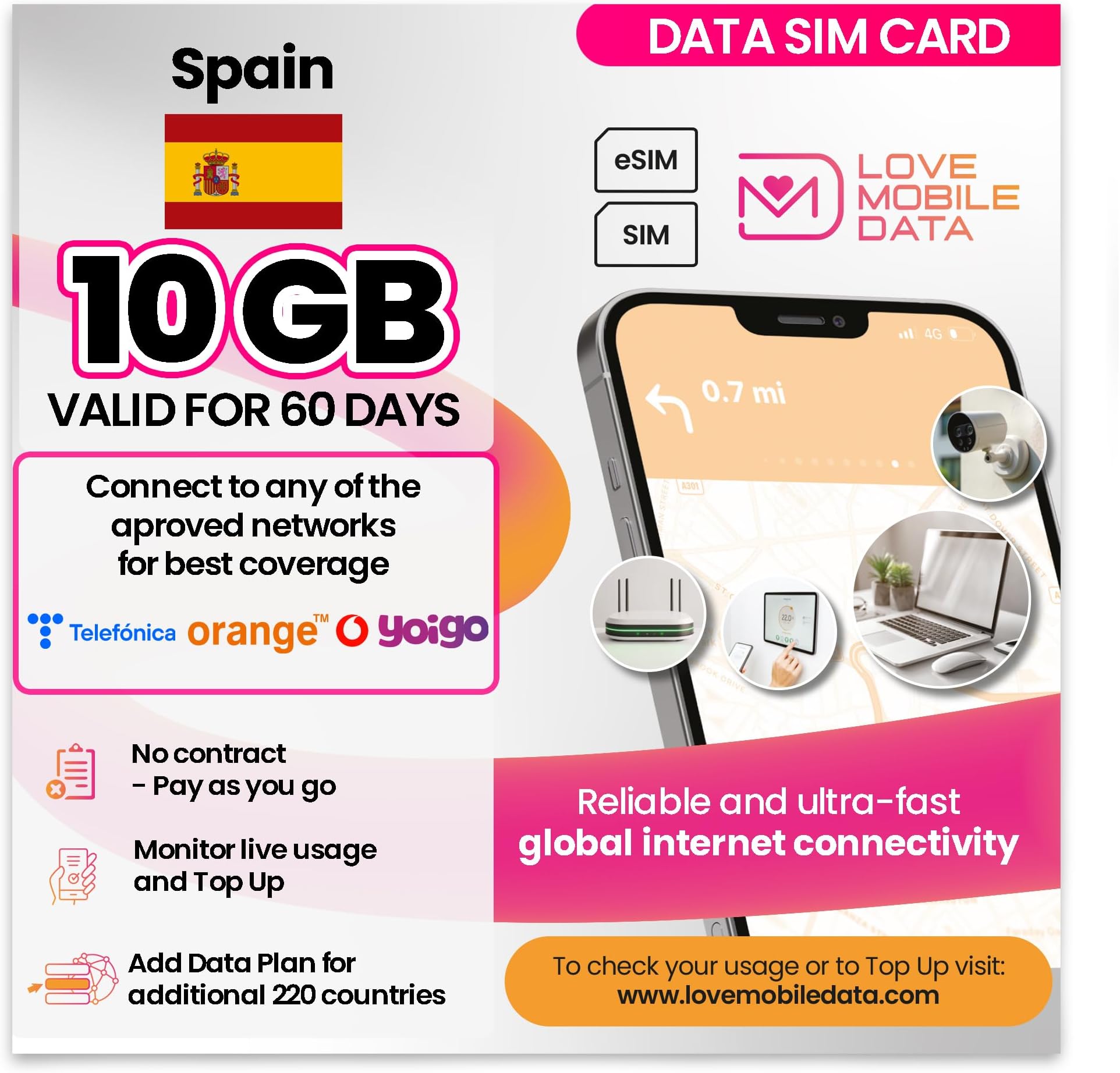 – Love Mobile Data Only Sim Card - International Multi-Network 4G/5G Prepaid Pay As You Go Data Sim for Mobile Phones, WiFi Routers, & More, UK & Spain - 10GB for 60 Days