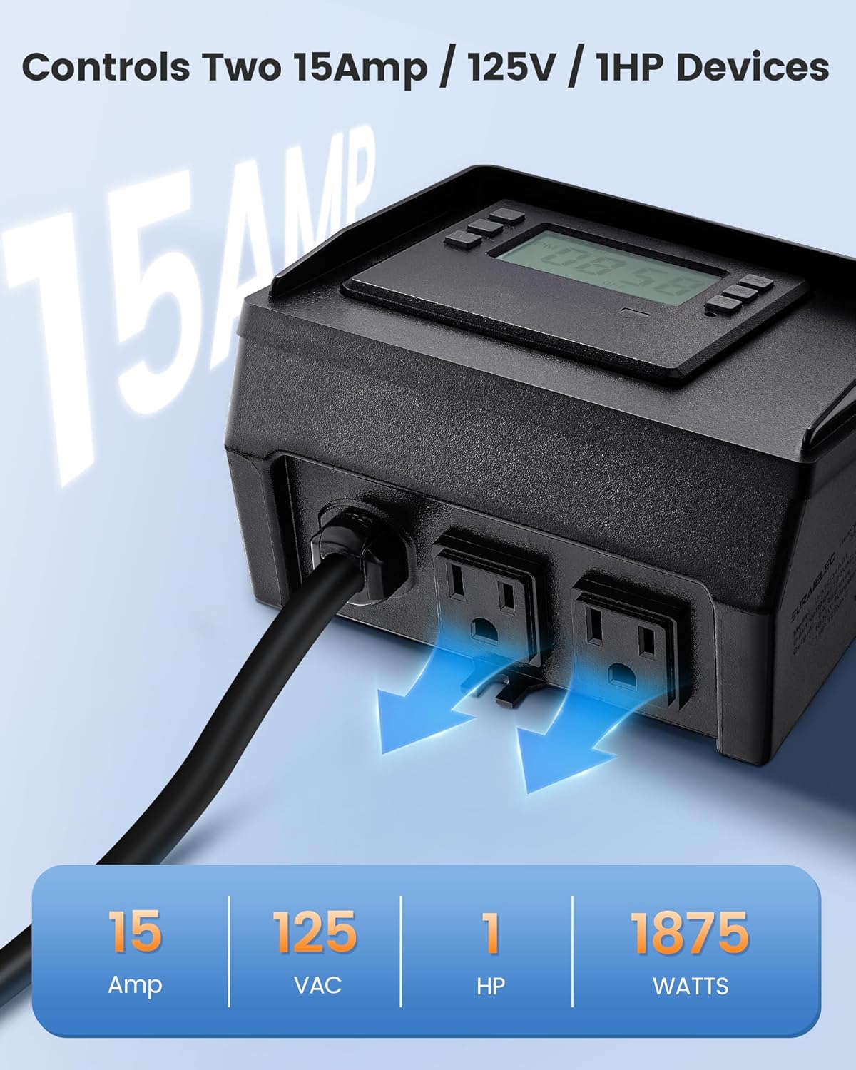 SURAIELEC Digital Pool Timer for Above Ground Pools, NEMA 5-15R Plug-in Timer with Dual Outlets, 15A 125V 1HP, Programmable 7-Day Schedule, Weatherproof Cover, for Pool Pumps, Lights and Salt Systems