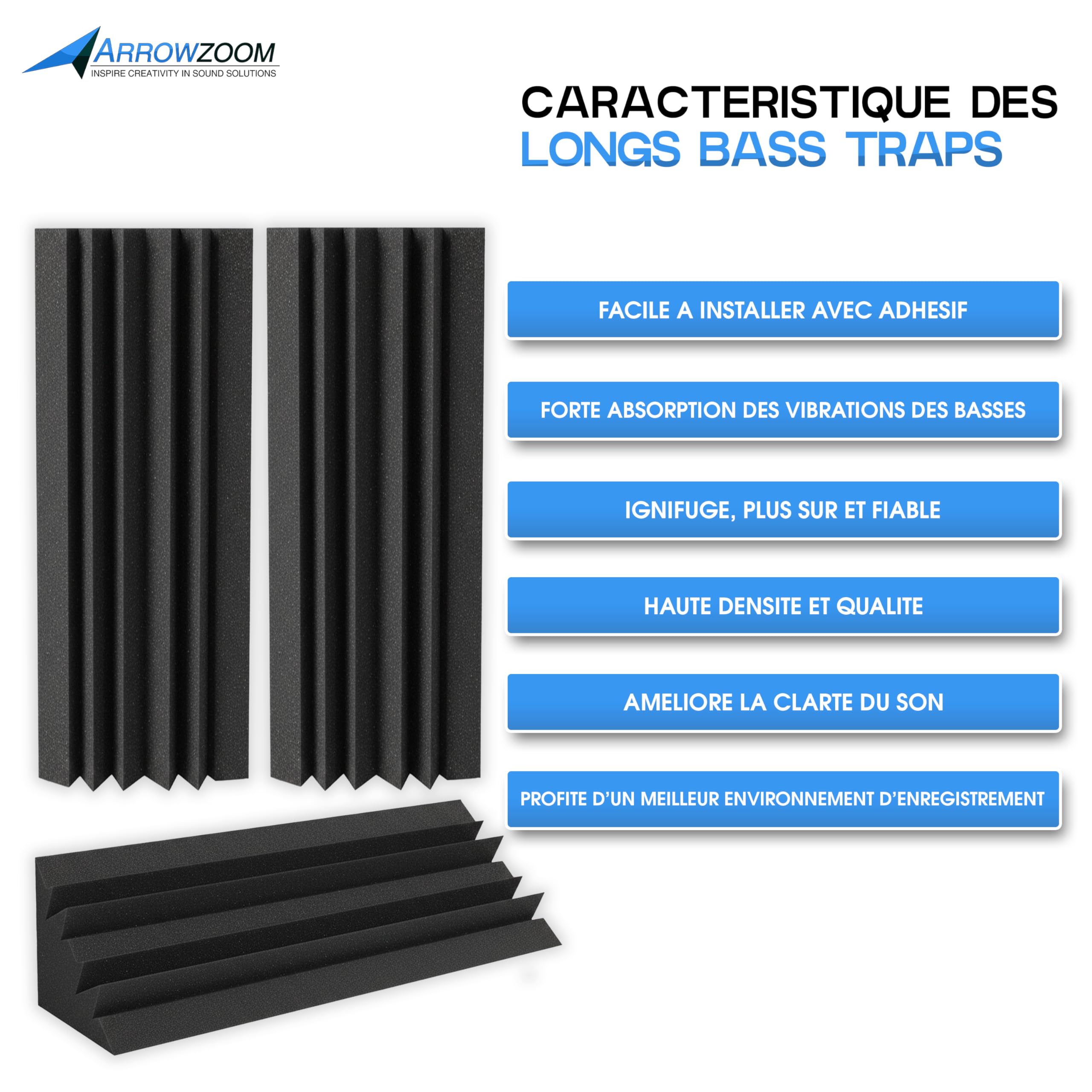 Arrowzoom 4 Bass Trap Acoustiques 12x12x48cm Mousse Absorbante Noir