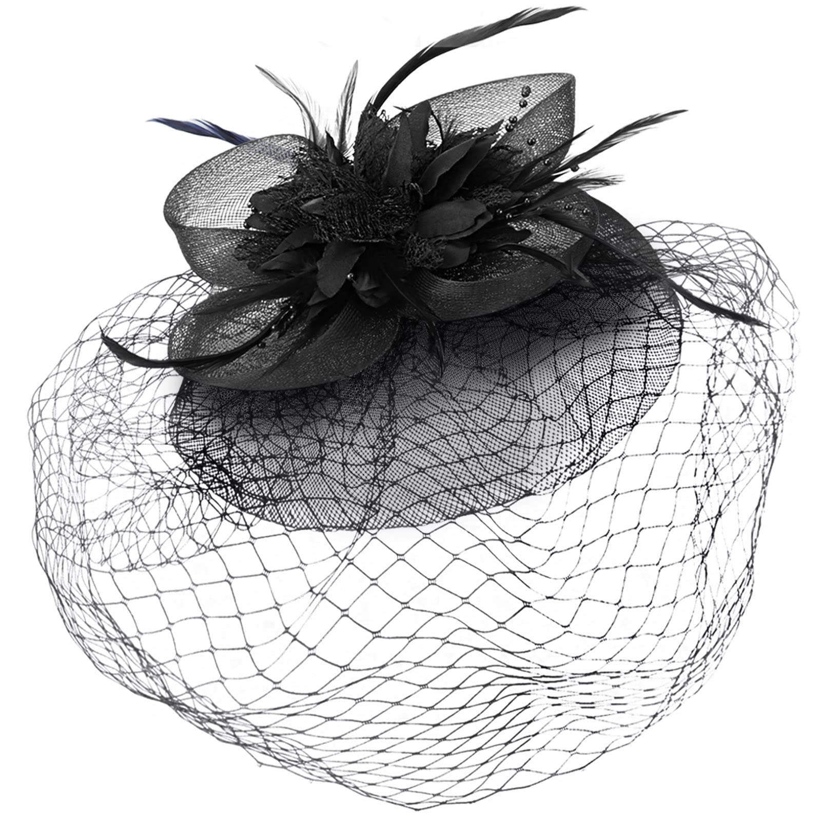 DRESHOWFascinators Hat Flower Mesh Feathers Headband Hair Accessory Tea Party Wedding Cocktail Headwear for Girls Women
