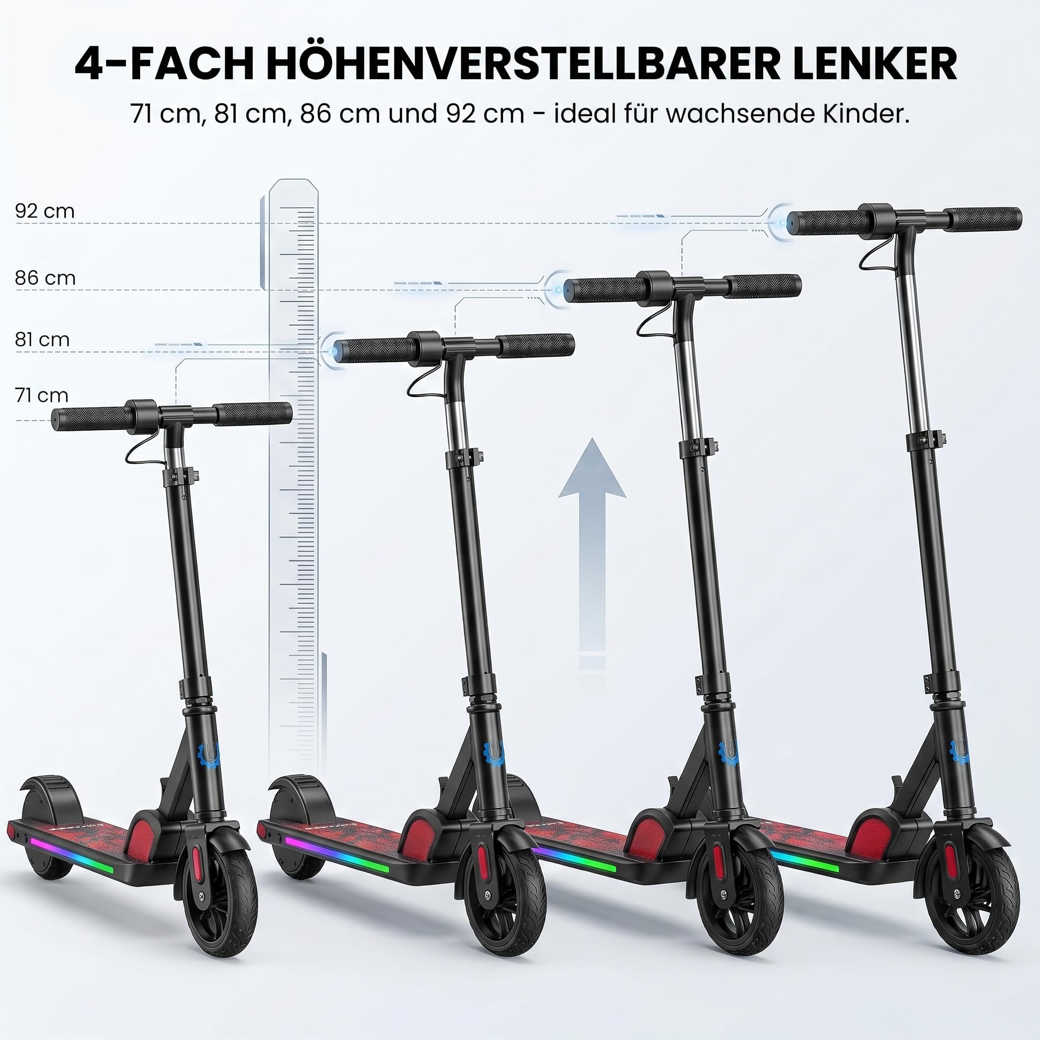 Caroma Elektroroller für Kinder von 6-12 Jahren, 150W Motor bis 16 km/h E Scooter, Faltbarer E Roller mit Bunte Leuchten & LED-Display，80 Min. Fahrzeit, Einstellbare Geschwindigkeit & Höhe