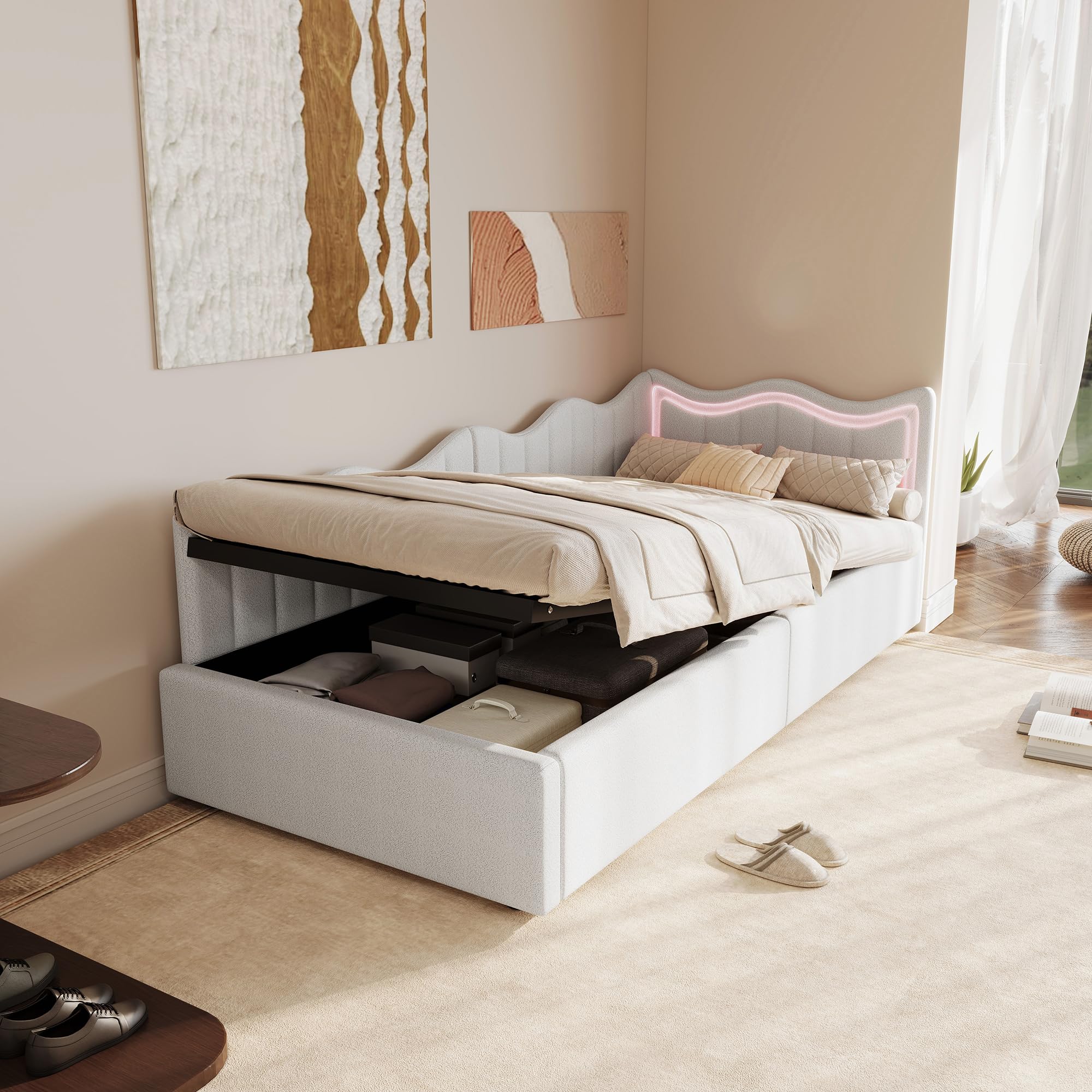 Polsterbett 90x200 mit Stauraum und LED-Beleuchtung, Einzelbett mit Wellenförmigem Kopfteil, Teddy-Fleece Jugendbett mit Lattenrost & Gasdruckfeder für Mädchen & Jungen, Weiß