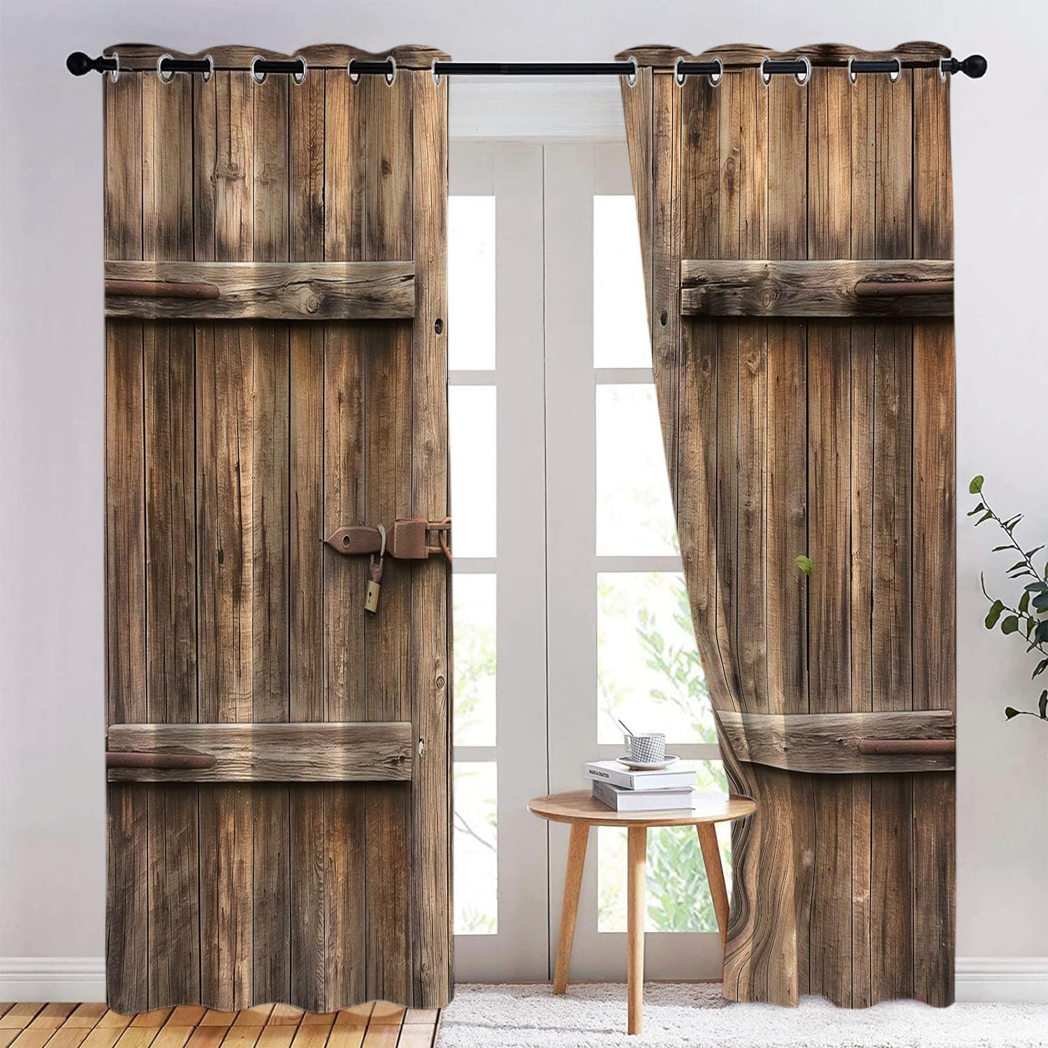 Rideaux Occultants Thermiques à Oeillets Vieille porte de grange en bois - Isolants Anti Froid et Chaleur, Anti-UV, 183 x 214cm Style ferme de campagne - Pour Porte, Chambre, Cuisine, Dressing