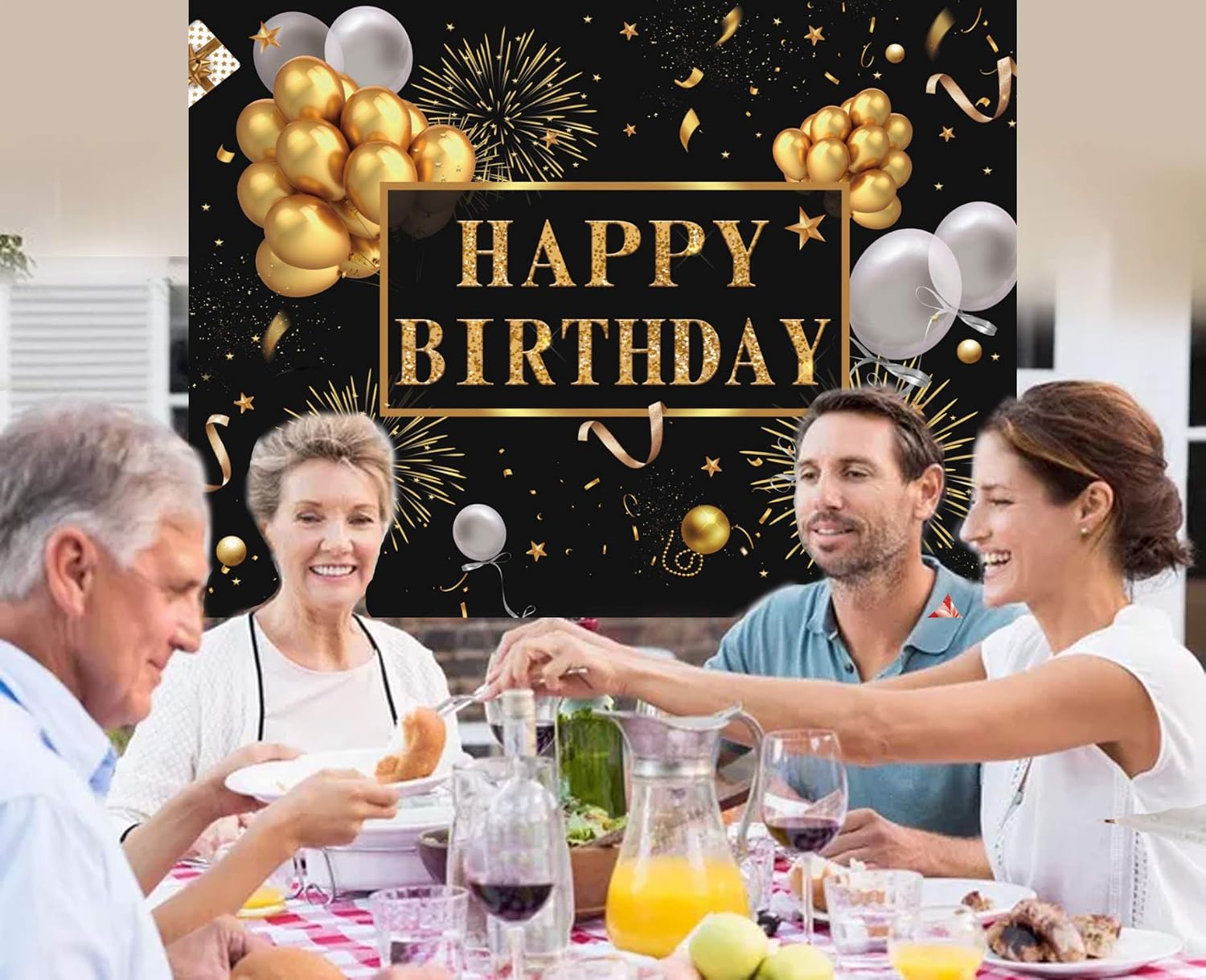 Saliyaa 7x5ft Happy Birthday Backdrop Banner, Birthday Party Decor,Black Gold Poster Photo Booth Backdrop Background Banner for Men Women 30th 40th 50th 60th 70th 80th Bday Party Supplies