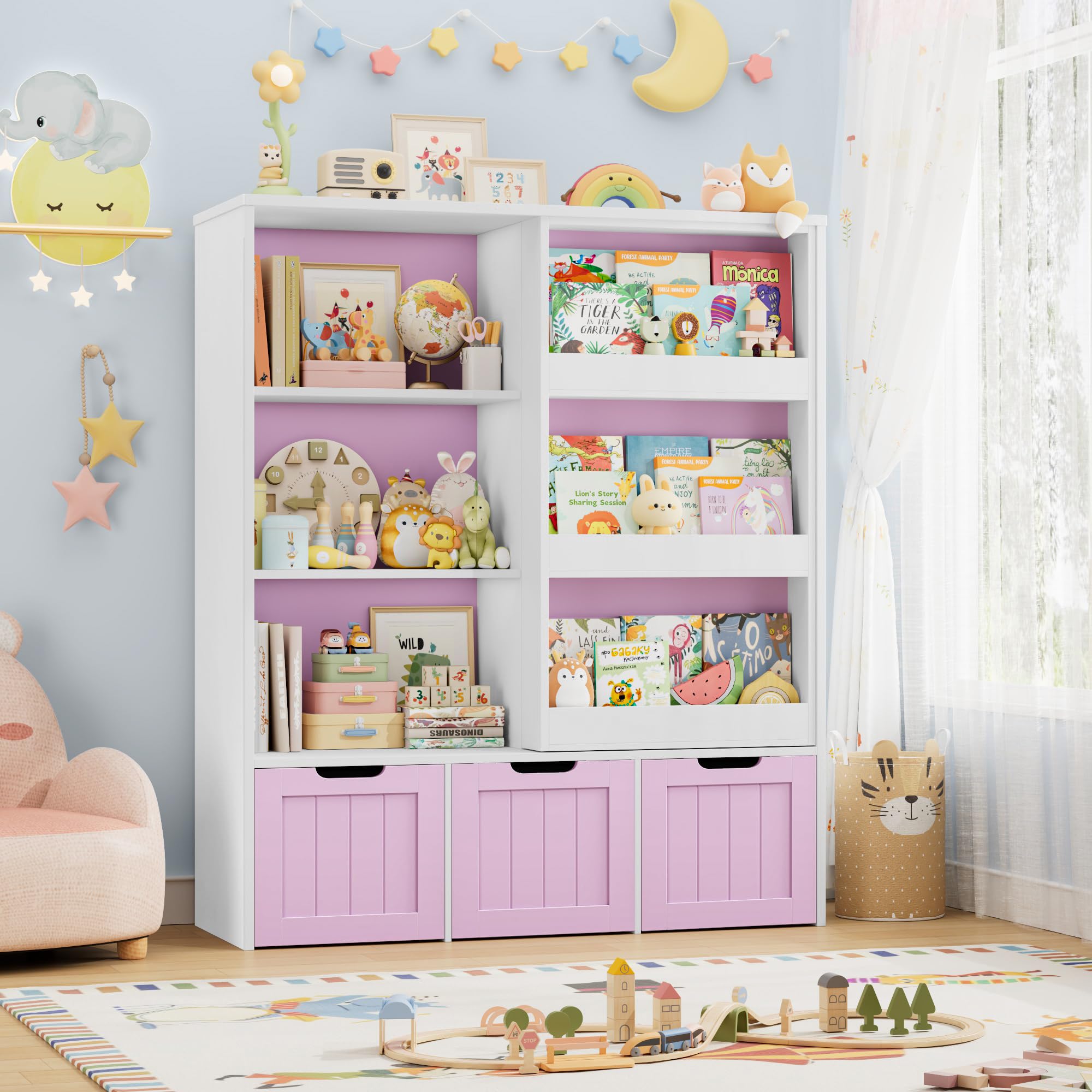 FOREHILL Libreria Montessoriana per Bambini con Porta Scorrevole Rosa