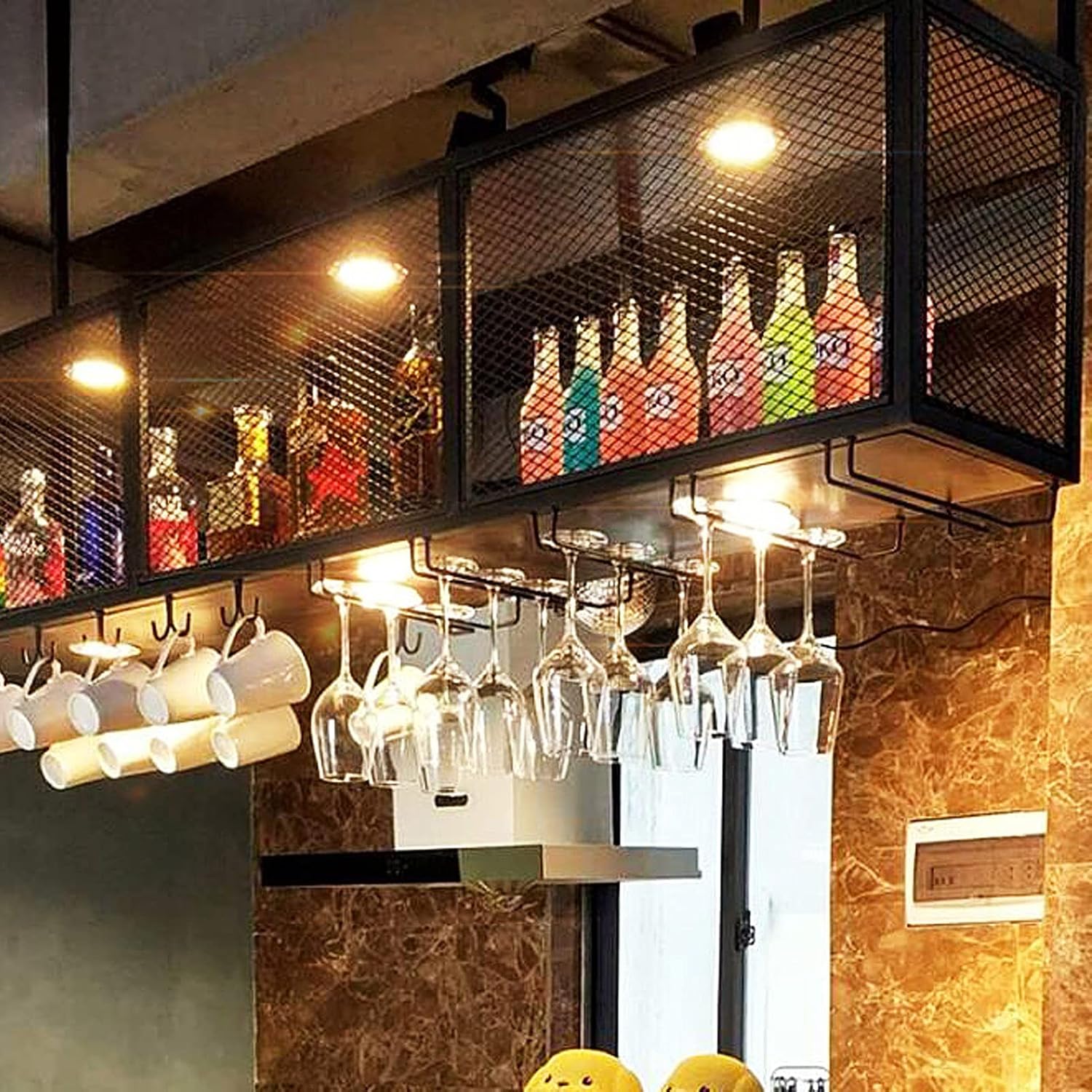 Rackall Mounted - Rack Iron Hanging Glass Rack, Ceiling Rack Multifunctional Decoration Storage Shelves for Kitchen Bar Restaurant