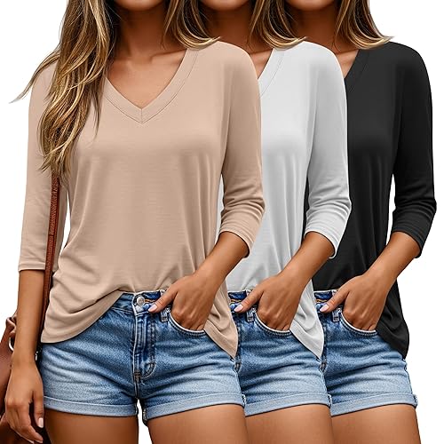 Riyiper 3 Pack V Neck 3/4 Sleeve Tops for Women
