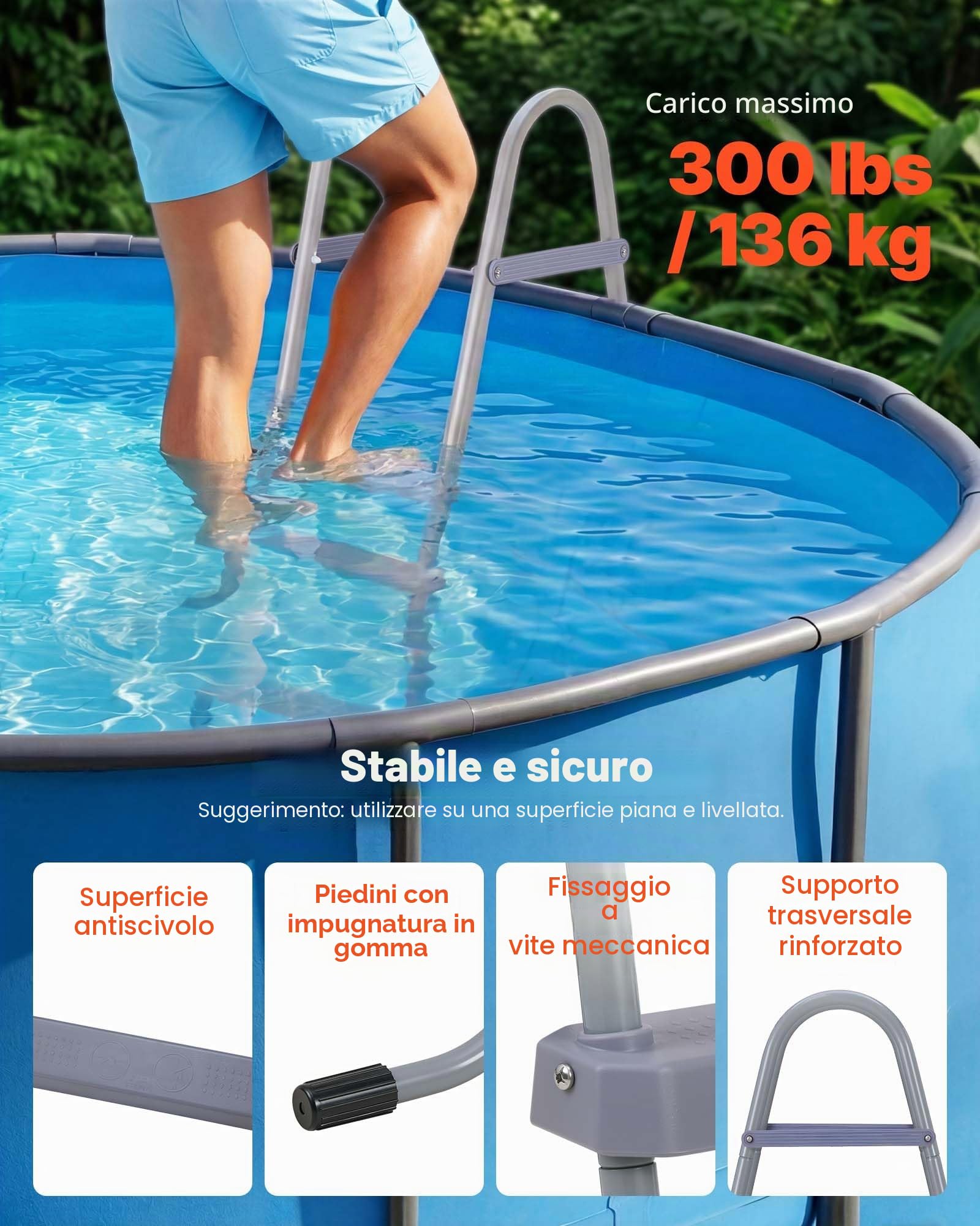 VEVOR Scaletta per Piscine Fuori Terra, Scala di Sicurezza per Piscine a 2 Gradini con Struttura ad A, Altezza 83,8 cm, Telaio in Acciaio, Gradini Antiscivolo, Portata 136 kg, Installazione Facile