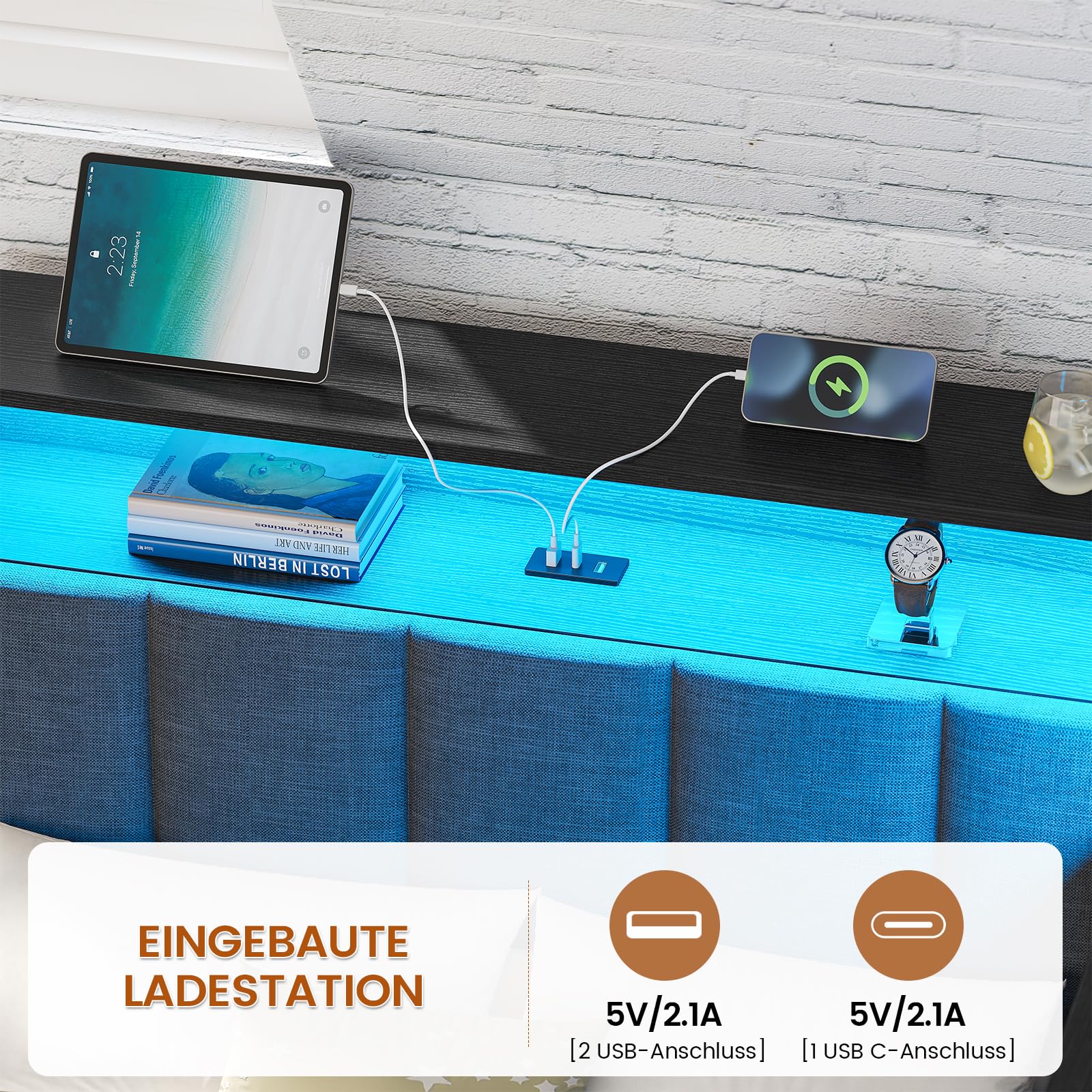 KIMENICH Polsterbett Schlafsofa 90x200 mit LED-Beleuchtung, Ladestation, Tagesbett, Jugendbett mit 2 Schubladen und Lattenrost aus Metall, Kopfteil mit Stauraum, Offene Regale, Schrank, Schwarz