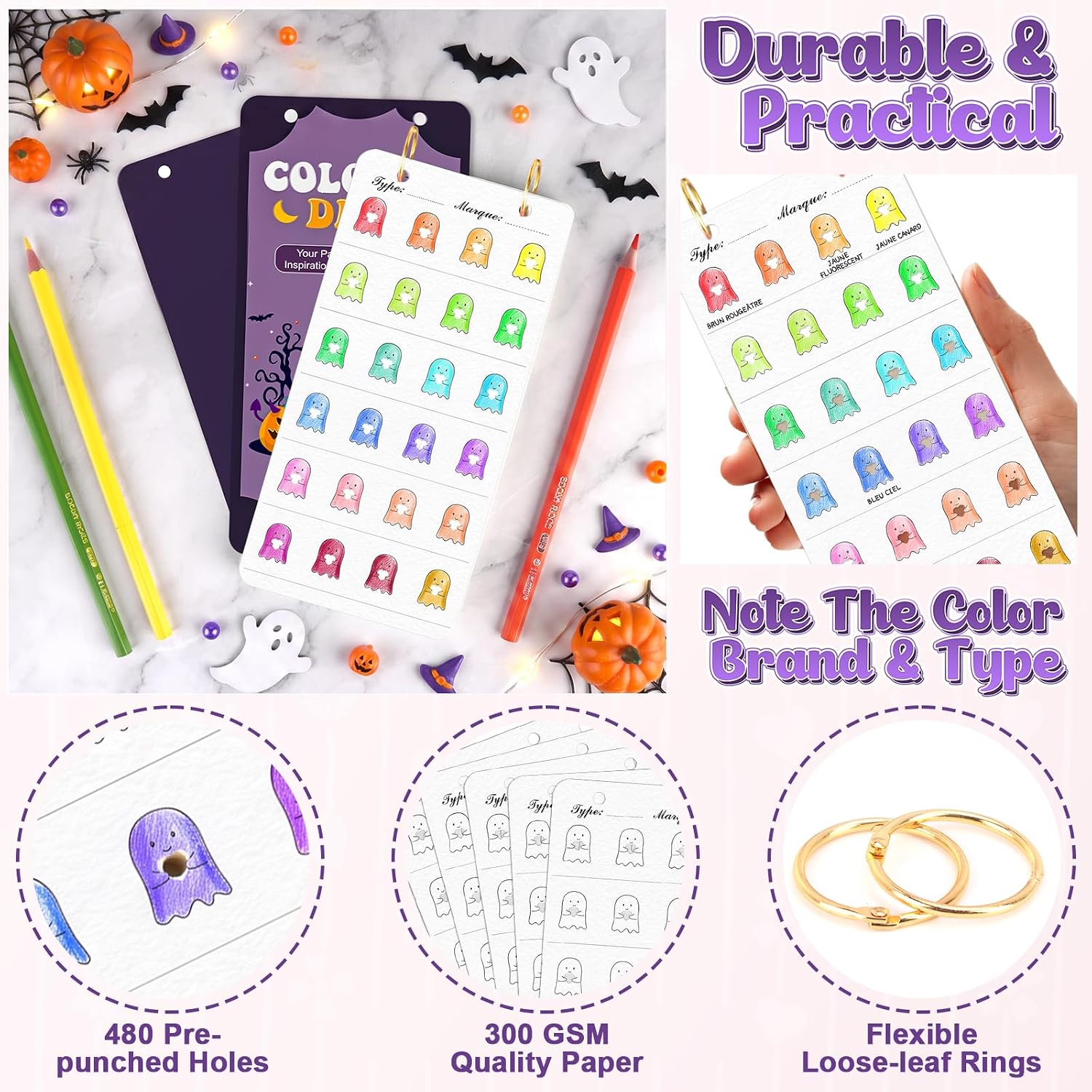 20 Sheets Painters Color Diary for 480 Colors Loose Leaf Color Swatch Notebook 3.54 X 7.48 Inch Watercolor Swatch Paper Color Chart Template Pre Punched Top Spiral-Bound for Markers & Colored Pencil