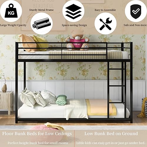 Miniatura 5 de ZJIAH Litera de metal individual sobre individual, base de cama baja con escalera y barandilla para adolescentes y adultos, marco de cama de metal