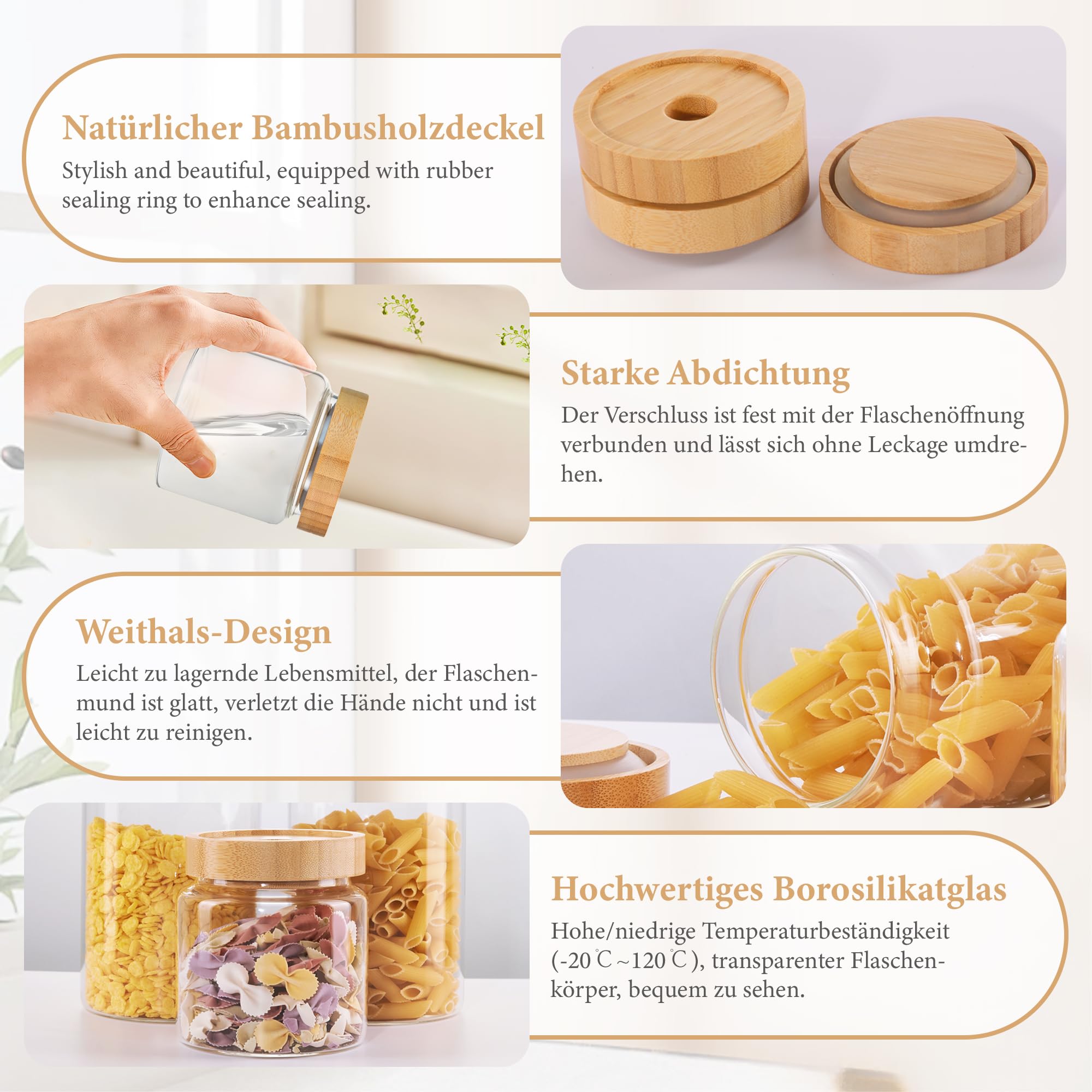 1200ML Glas Vorratsgläser mit Deckel, Vorratsdosen mit Luftdicht Bambusdeckel, Deko Küche Glasbehälter für Müsli, Pasta, Nudeln, Mehl, Kaffeebohnen, Overnight Oats - Groß