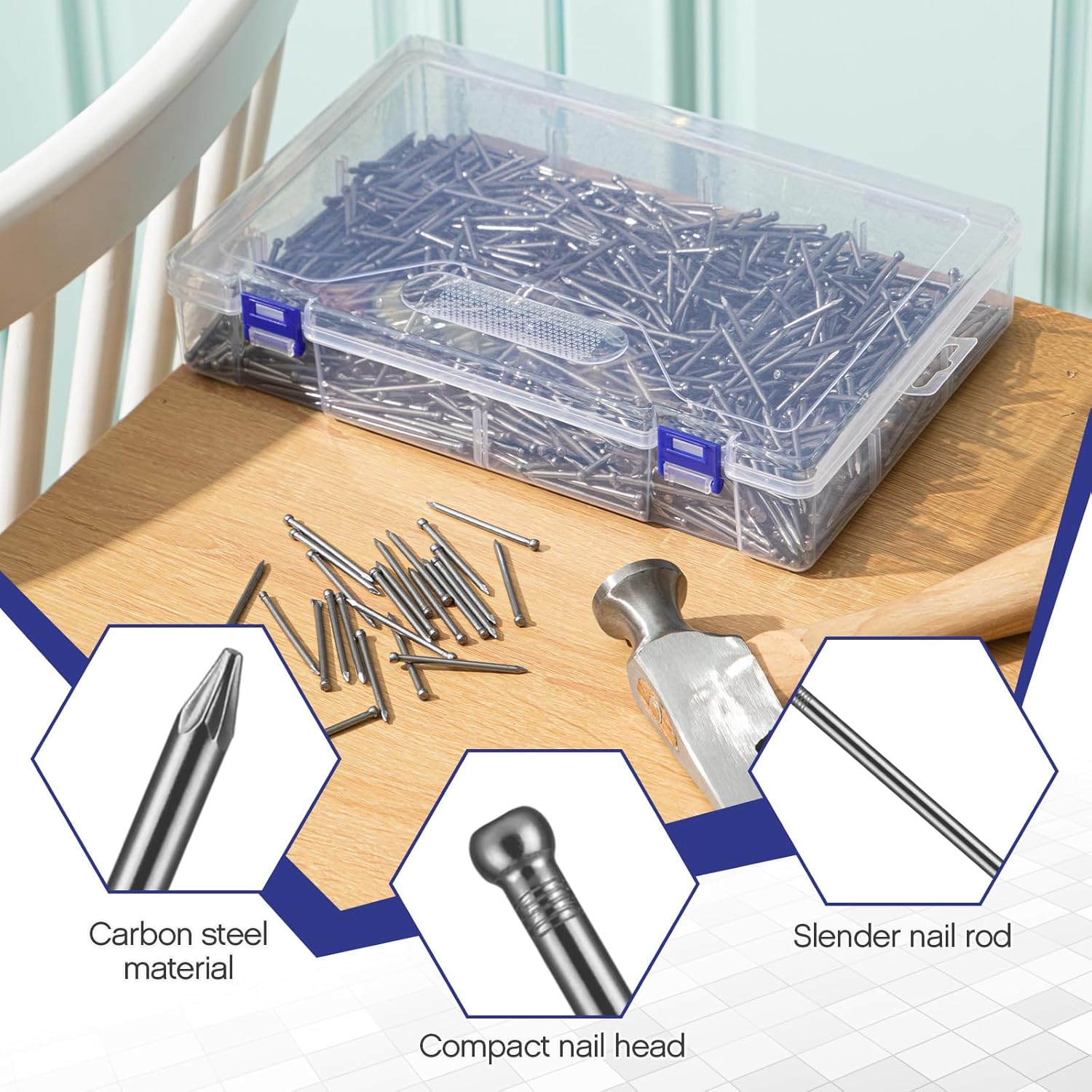 1000 Pcs 2 Inch Polished Finishing Nails with Store Box, Carbon Steel Nails, Hardware Bright Finish, 2 x 0.16 x 0.12'', for Trim Hanging Pictures Wall Wood Frame, Roofing, Plaster and Concrete DIY