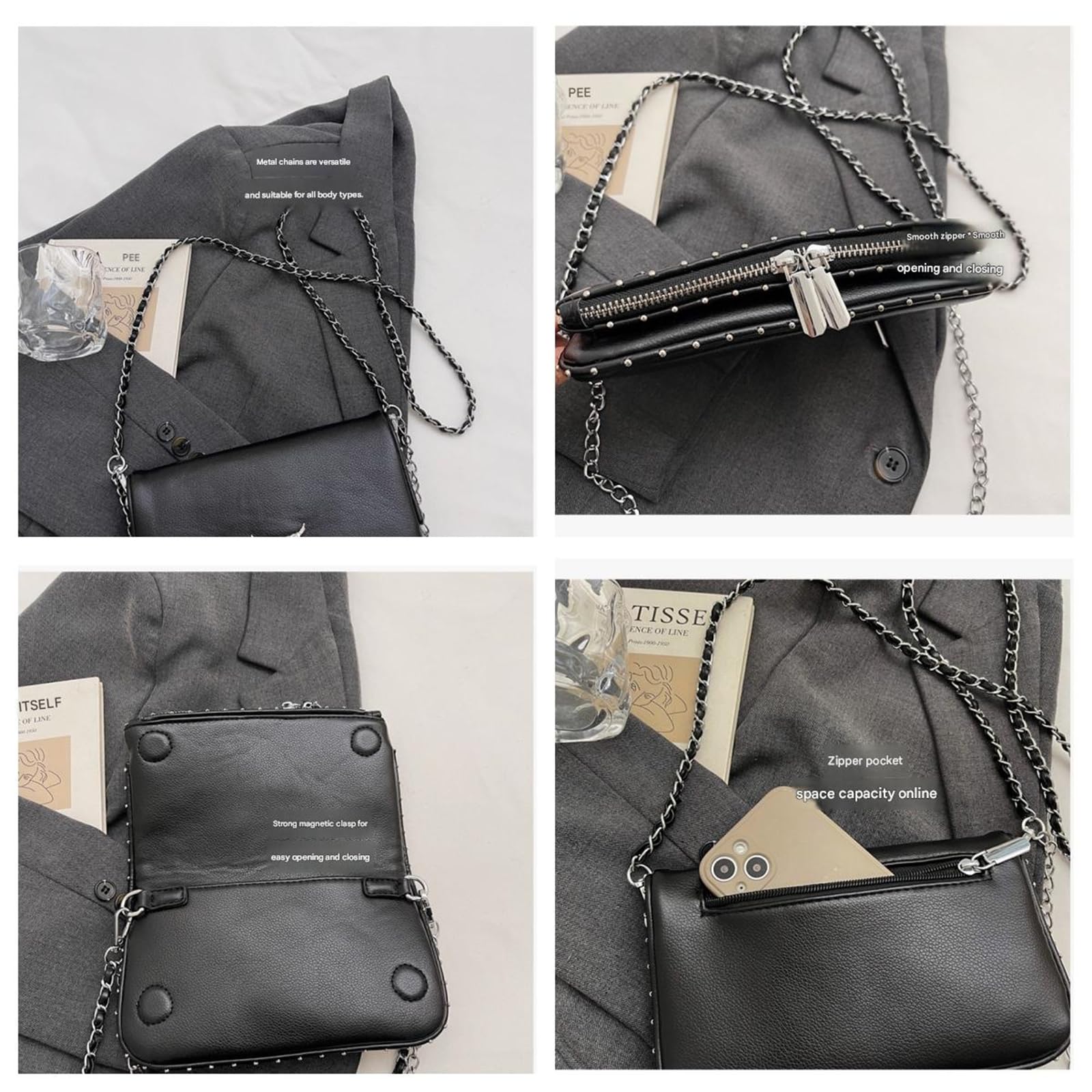 Bolso Cruzado De Mujer Hombro con Cadena Moderno Y Versátil Estilo Bandolera Simple-Negro